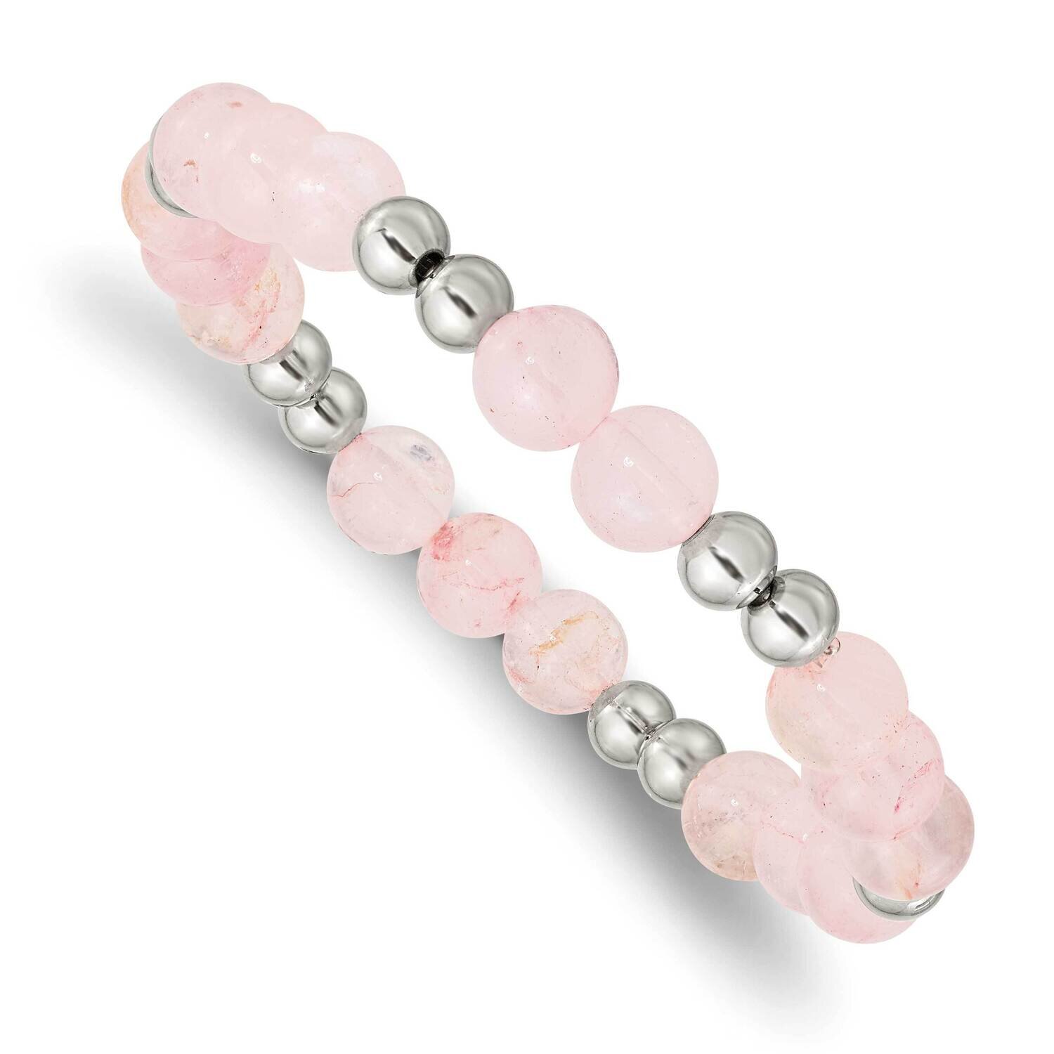 Pink Quartz Beaded Stretch Bracelet Stainless Steel Polished SRB2746, MPN: SRB2746, 191101860188