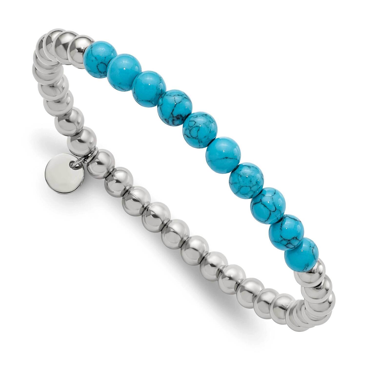 Synthetic Turquoise Beaded Stretch Bracelet Stainless Steel Polished SRB2747