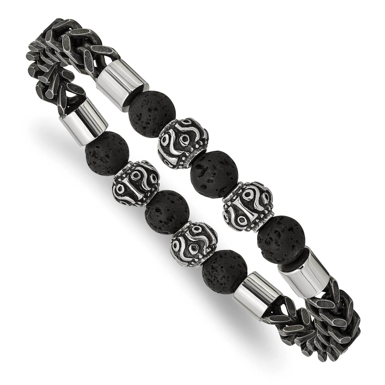 Polished Black Ip Chain Lava Stone Stretch Bracel Stainless Steel Antiqued SRB2756