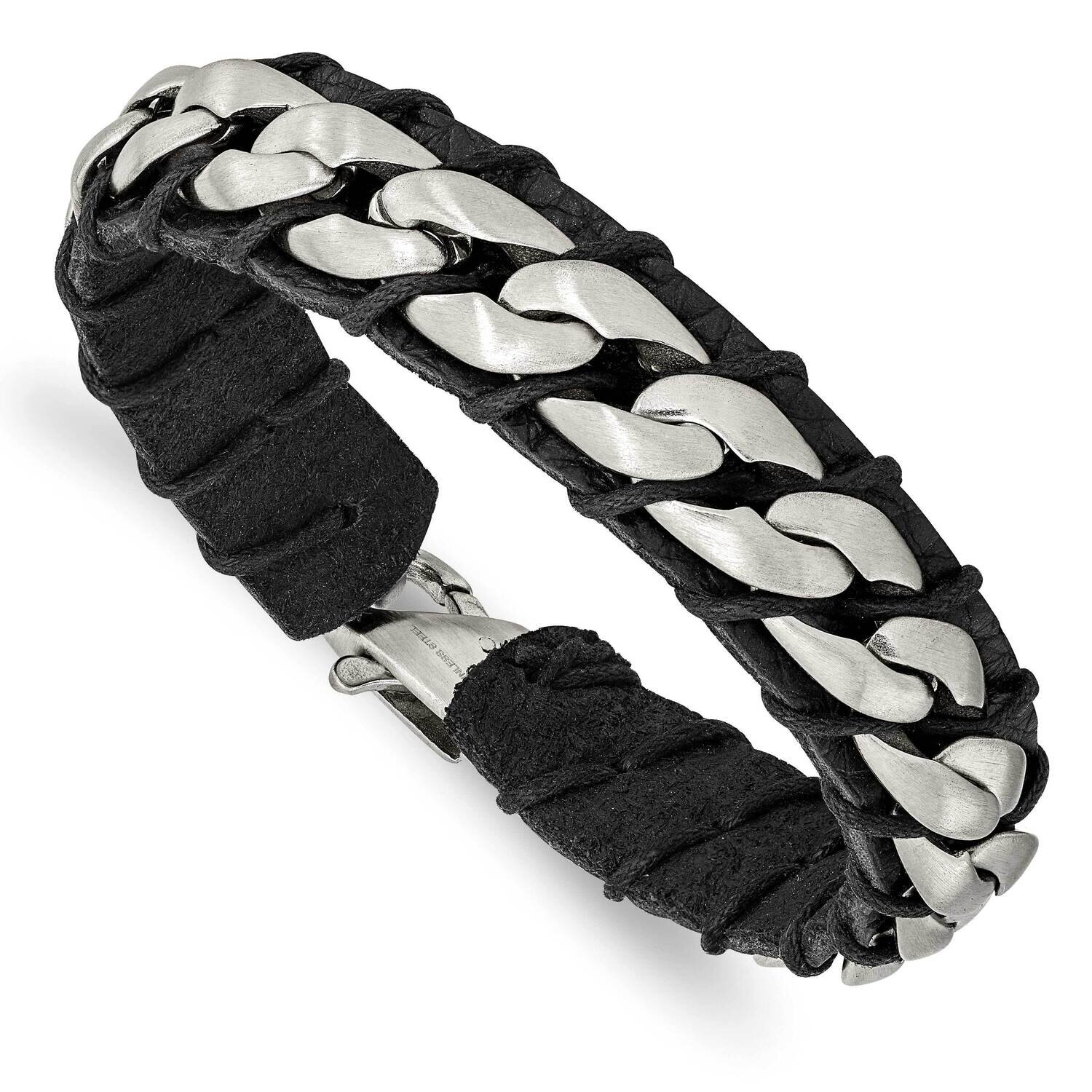 Chain and Black Leather 8.5 Inch Bracelet Stainless Steel Brushed SRB2758-8.5, MPN: SRB2758-8.5, 19…