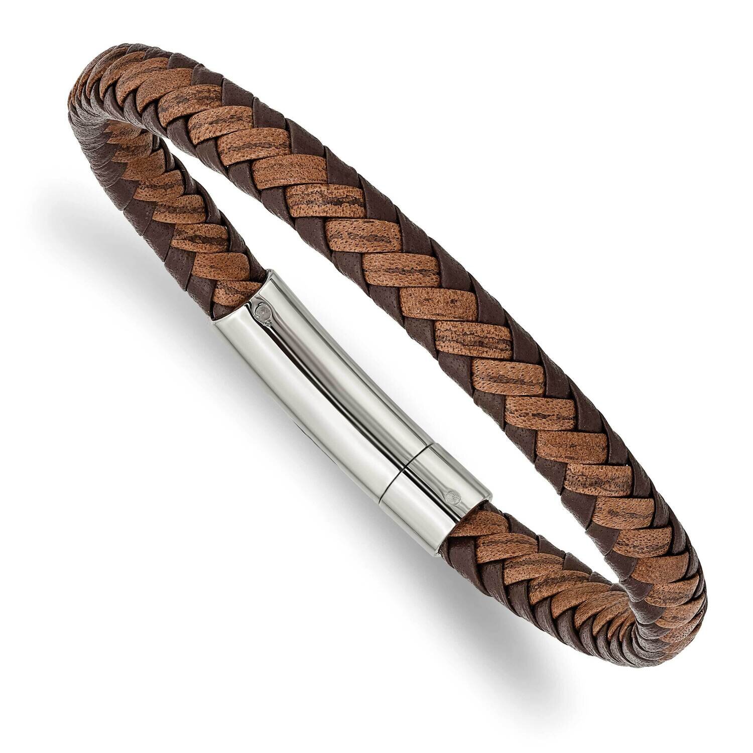 Brown Braided Leather 8.25 Inch Bracelet Stainless Steel Polished SRB2762-8.25, MPN: SRB2762-8.25, …