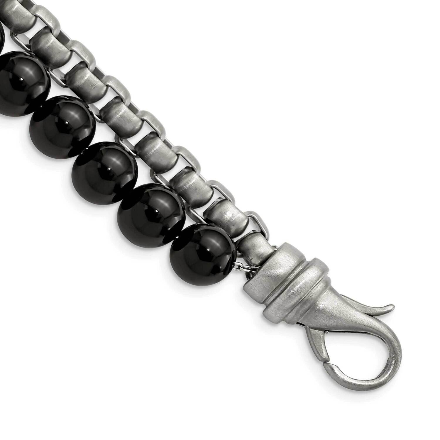 Box Chain &amp; Black Onyx 2 Strand 8.5 Inch Bracelet Stainless Steel Brushed SRB2769-8.5