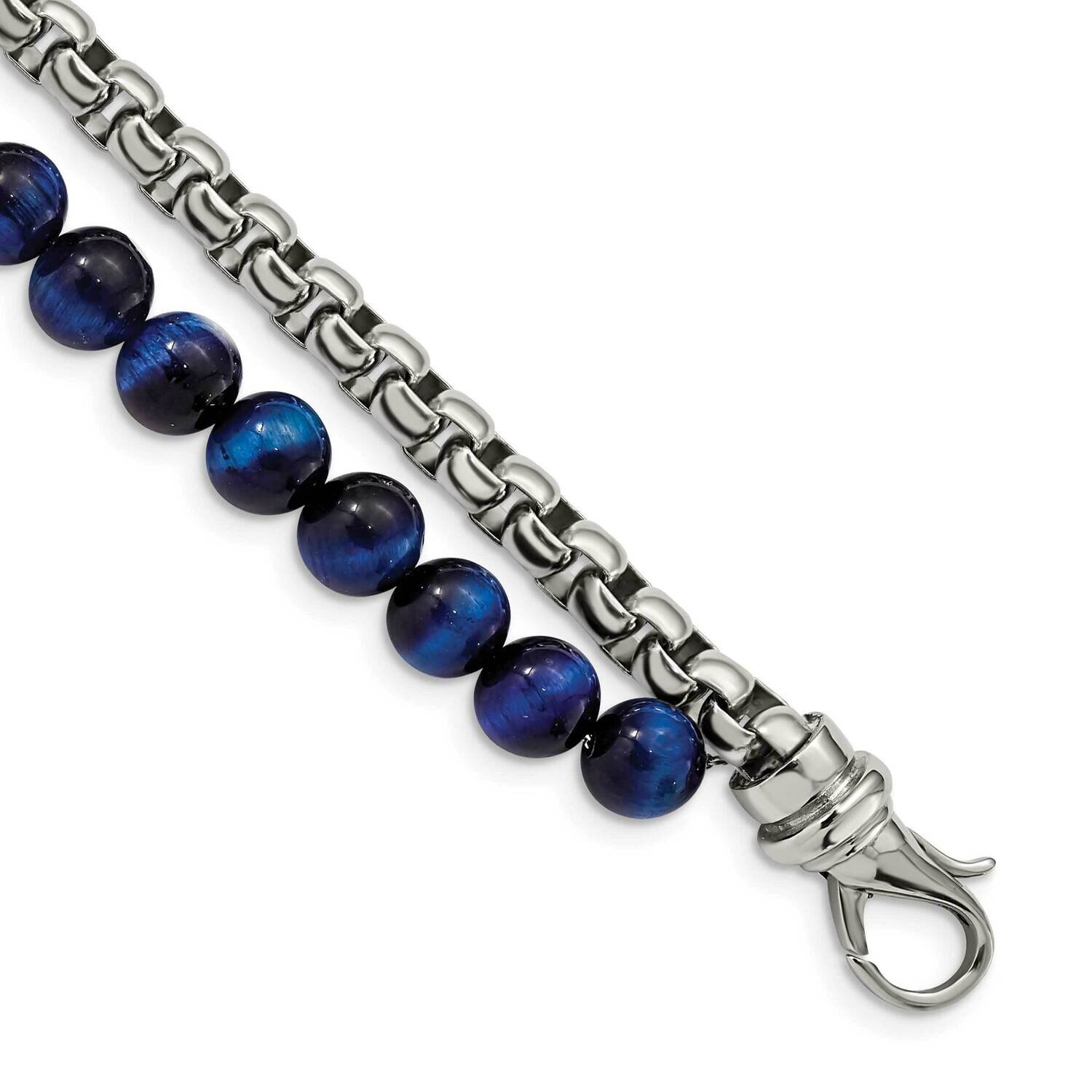 Box Chain &amp; Blue Tiger&#39;s Eye 2 Strand 8.5 Inch Bracel Stainless Steel Polished SRB2771-8.5, MPN: SR…