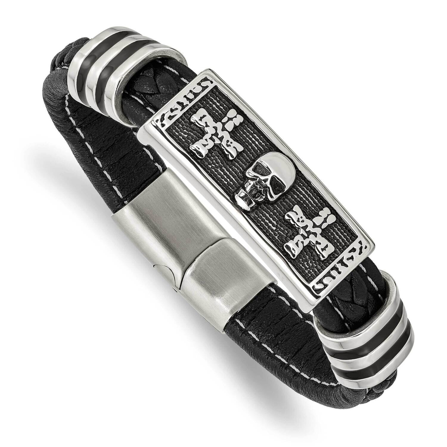 Polished with Enamel Skull Faux Leather Bracelet Stainless Steel Antiqued SRB2793-8.5, MPN: SRB2793…