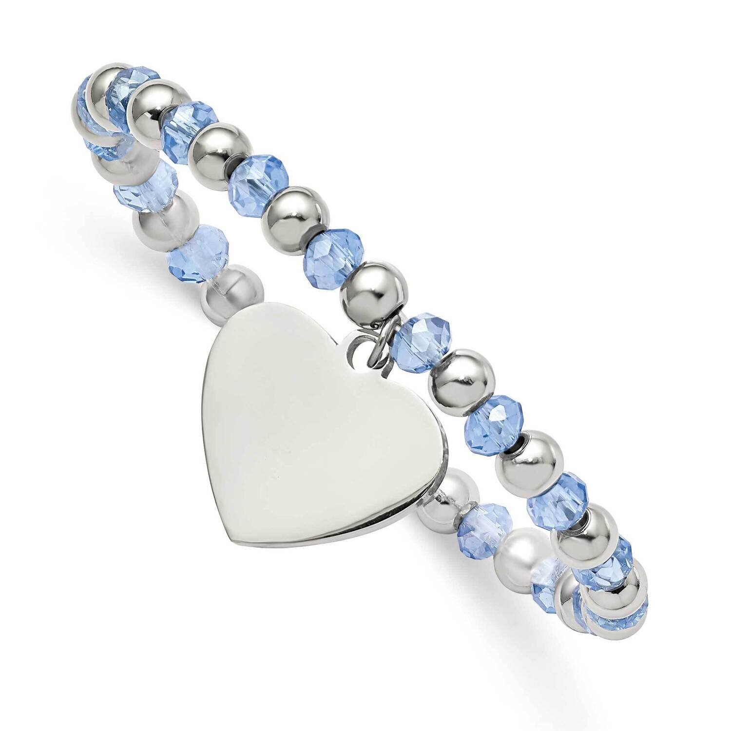 Blue Glass Beads Heart Dangle Stretch Bracelet Stainless Steel Polished SRB2800, MPN: SRB2800, 1911…