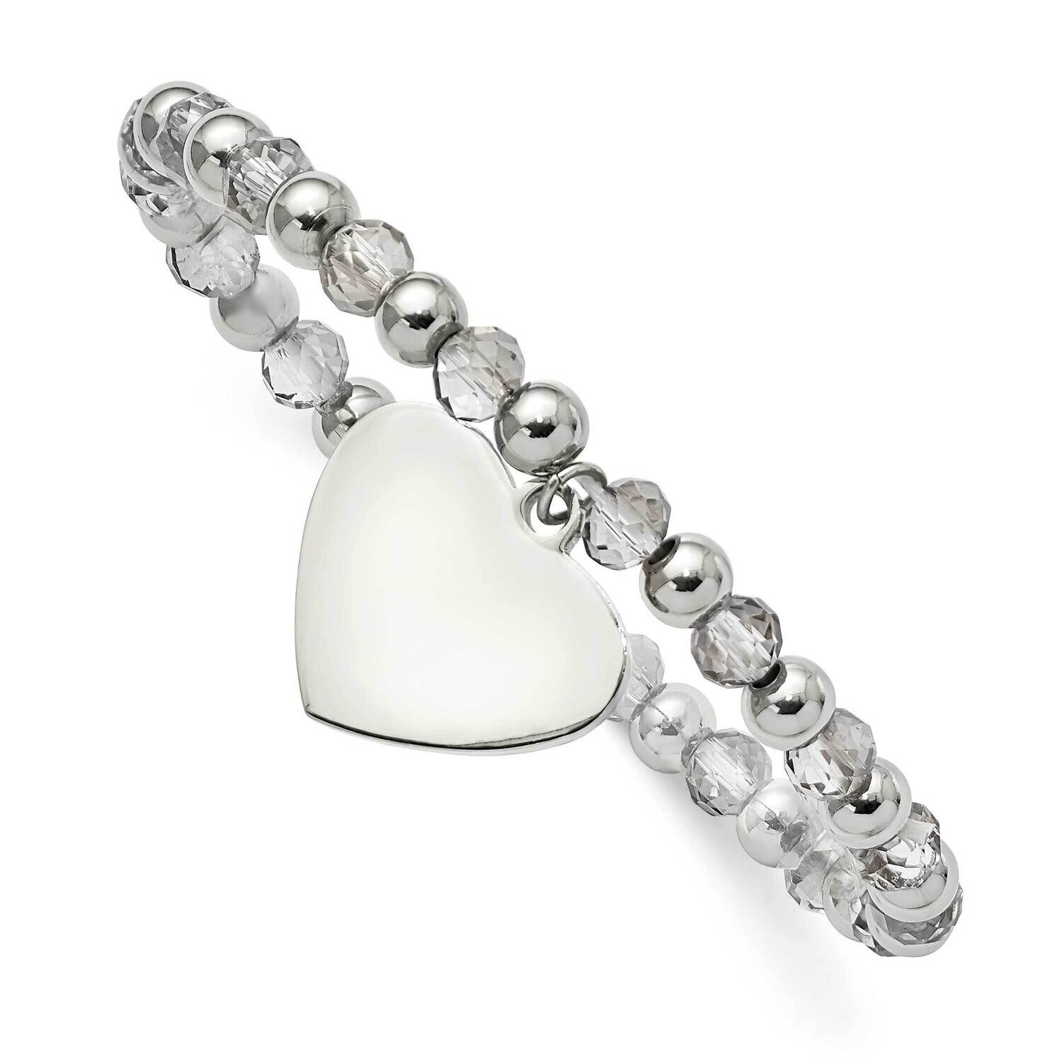 Grey Glass Beads Heart Dangle Stretch Bracelet Stainless Steel Polished SRB2801
