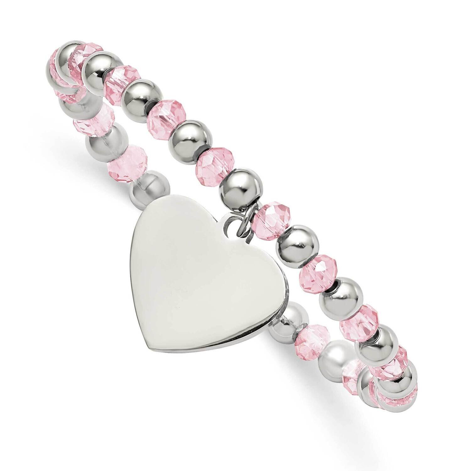 Pink Glass Beads Heart Dangle Stretch Bracelet Stainless Steel Polished SRB2802, MPN: SRB2802, 1911…