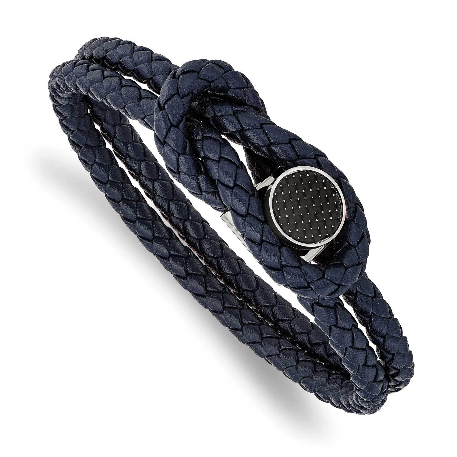 Carbon Fiber Inlay Navy Leather 8.5 Inch Bracelet Stainless Steel Polished SRB2817-8.5