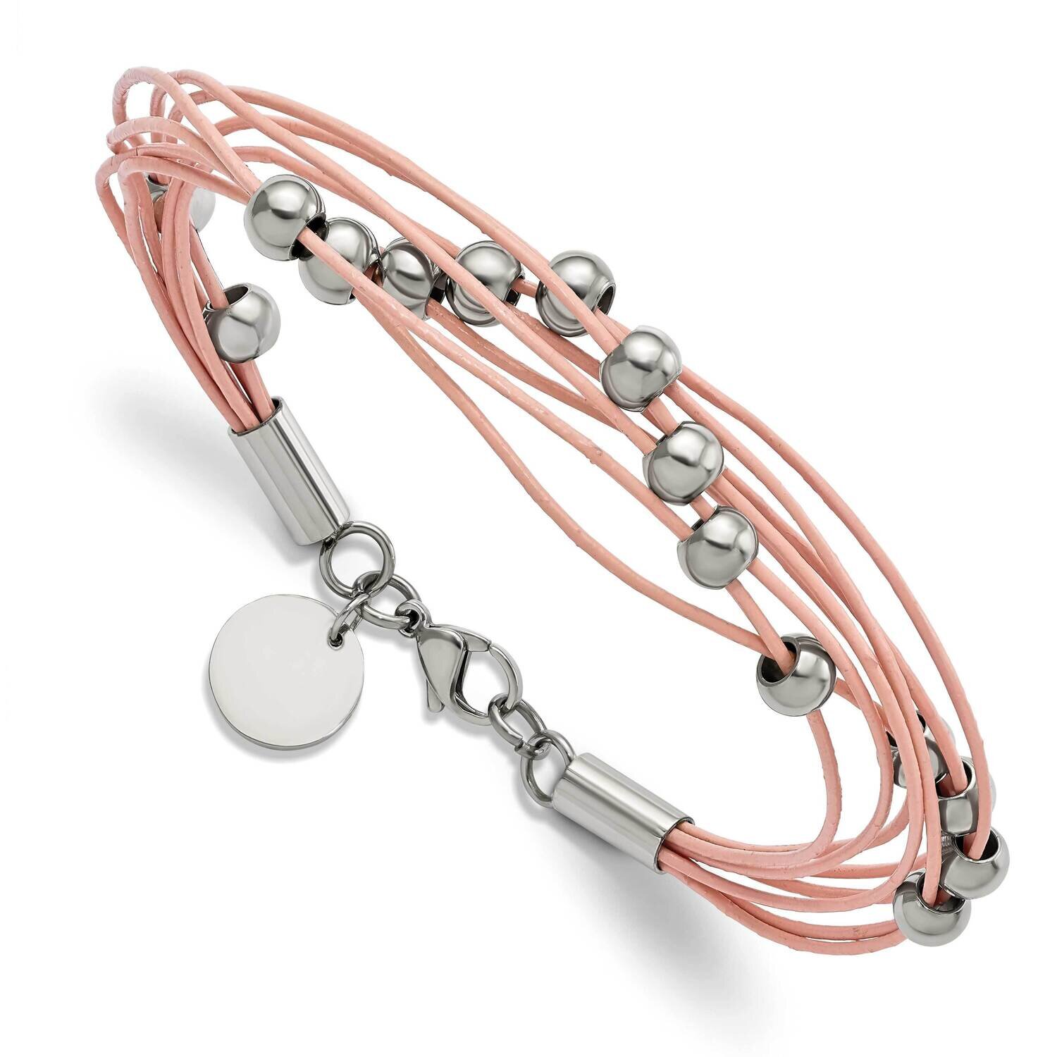 Beaded Multi-Strand Pink Leather 8 Inch Bracelet Stainless Steel Polished SRB2818-8