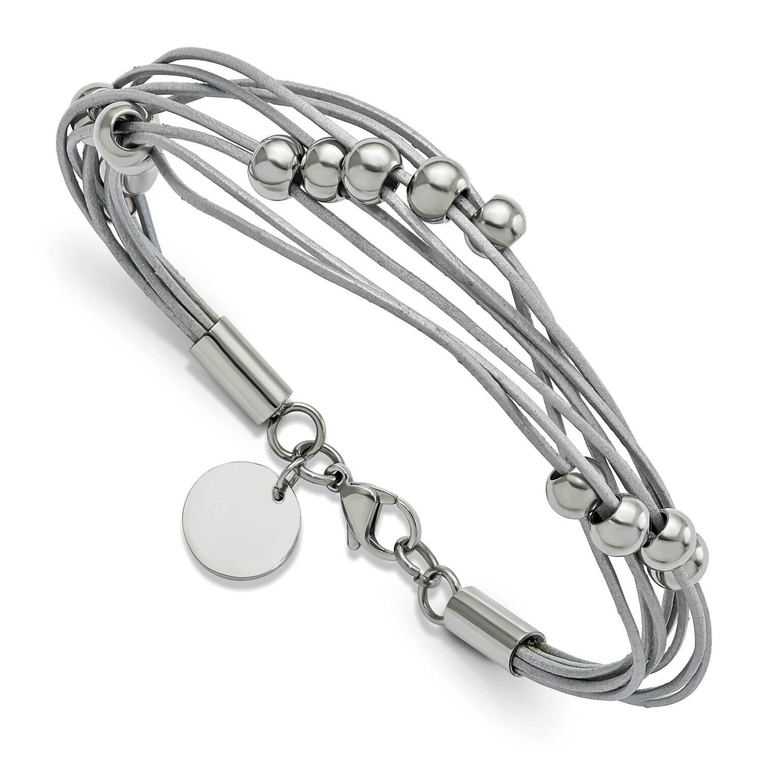 Beaded Multi-Strand Grey Leather 8 Inch Bracelet Stainless Steel Polished SRB2819-8, MPN: SRB2819-8…