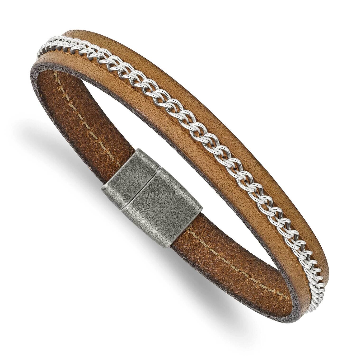 Brushed &amp; Polished Brown Leather &amp; Chain Bracelet Stainless Steel Antiqued SRB2822-8.25, MPN: SRB28…