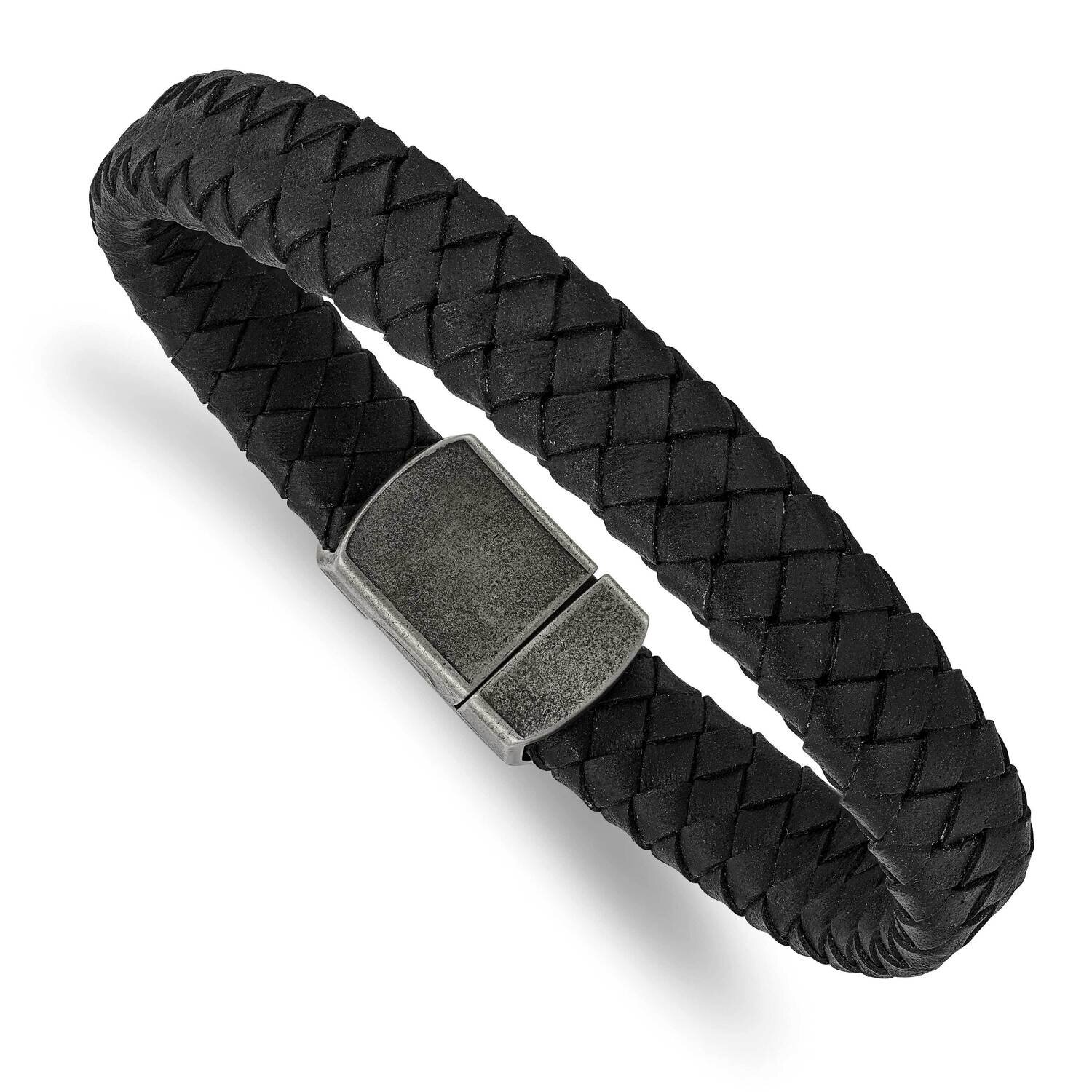 Black Leather 8.25 Inch Bracelet Stainless Steel Antiqued SRB2823-8.25