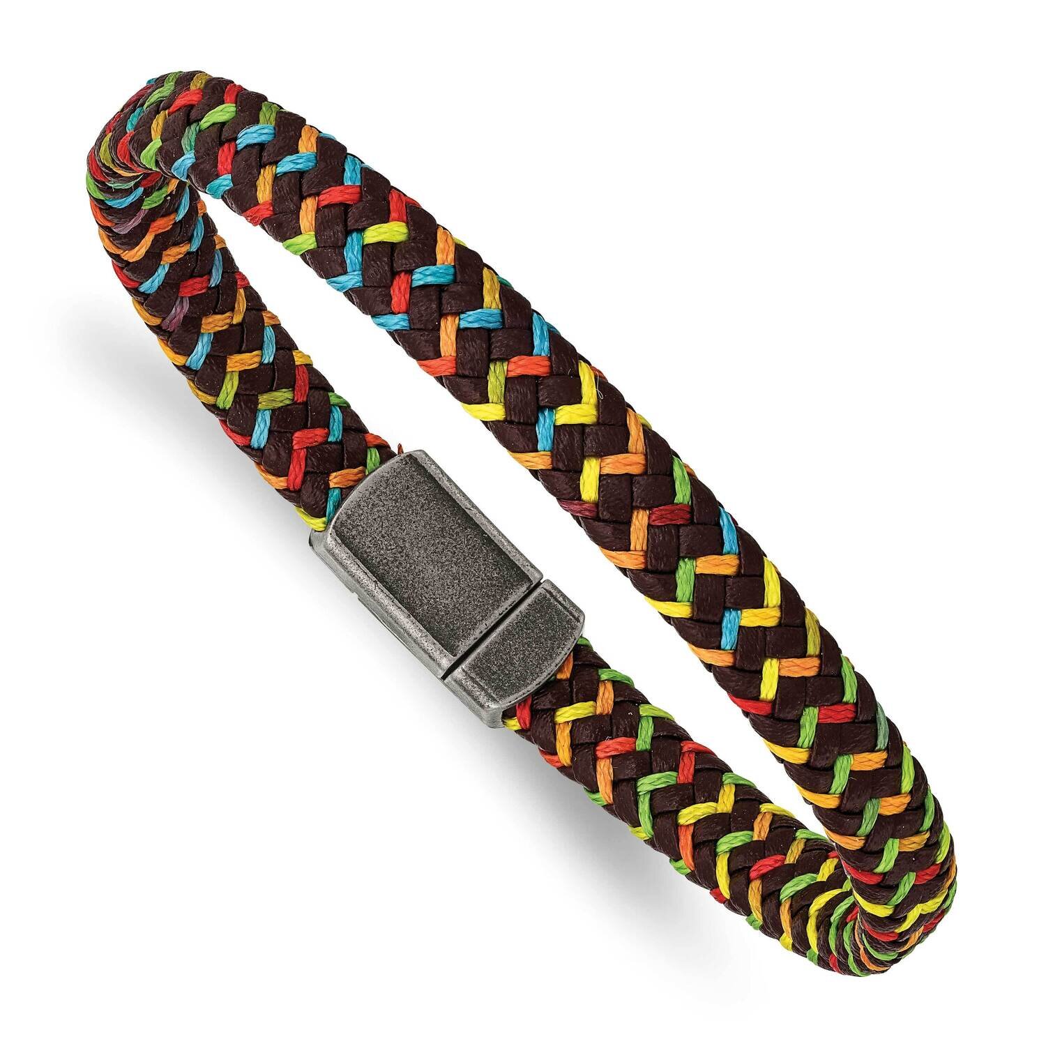 Brown Leather with Multi-Colored Nylon Bracelet Stainless Steel Antiqued SRB2824-8.25, MPN: SRB2824…