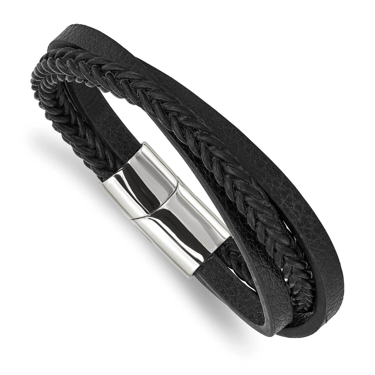 Black Leather Multi-Strand 8.25 Inch Bracelet Stainless Steel Polished SRB2828-8.25, MPN: SRB2828-8…