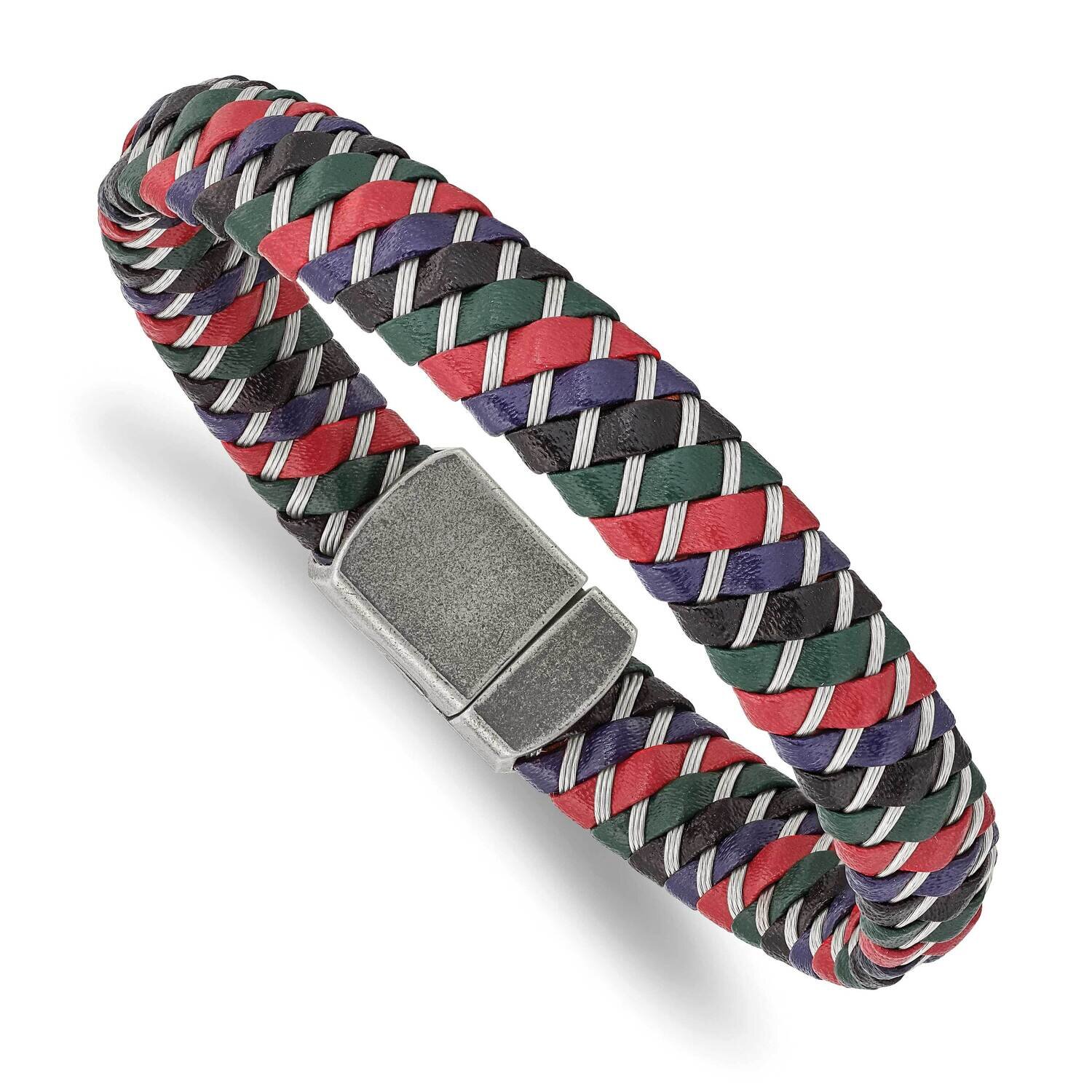 Polished Multi-Color Leather with Wire Bracelet Stainless Steel Antiqued SRB2829-8.25, MPN: SRB2829…