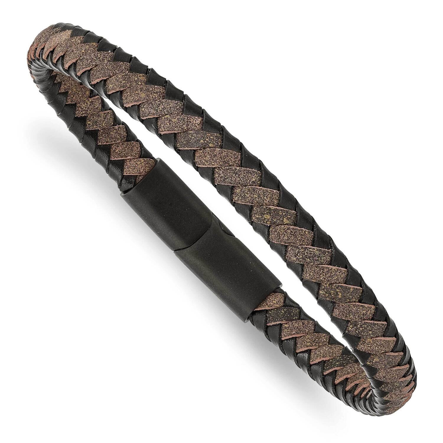 Black Ip-Plated Black Brown Leather 8.25 Inch Bracelet Stainless Steel Brushed SRB2830-8.25