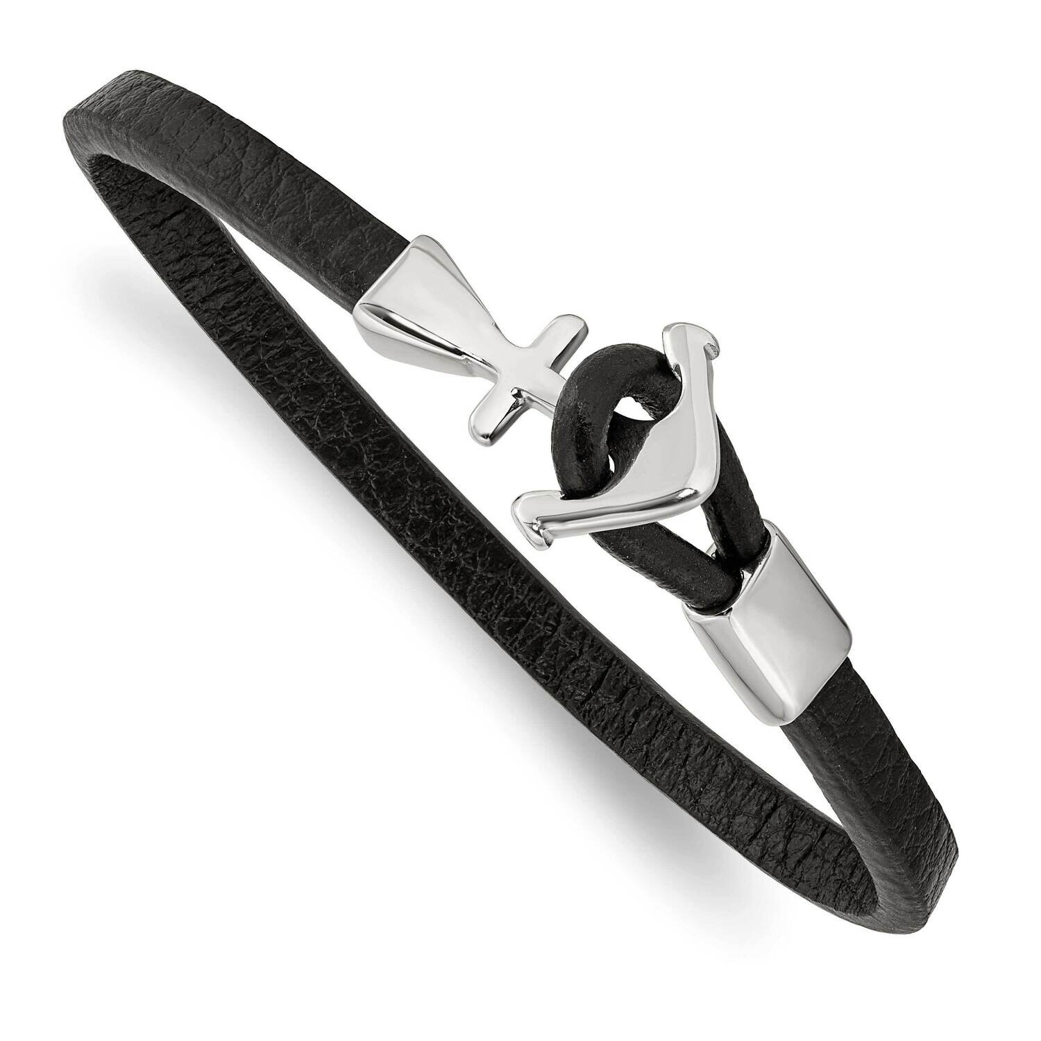 Anchor Black Leather 8 Inch Bracelet Stainless Steel Polished SRB2833-8, MPN: SRB2833-8, 1911018600…