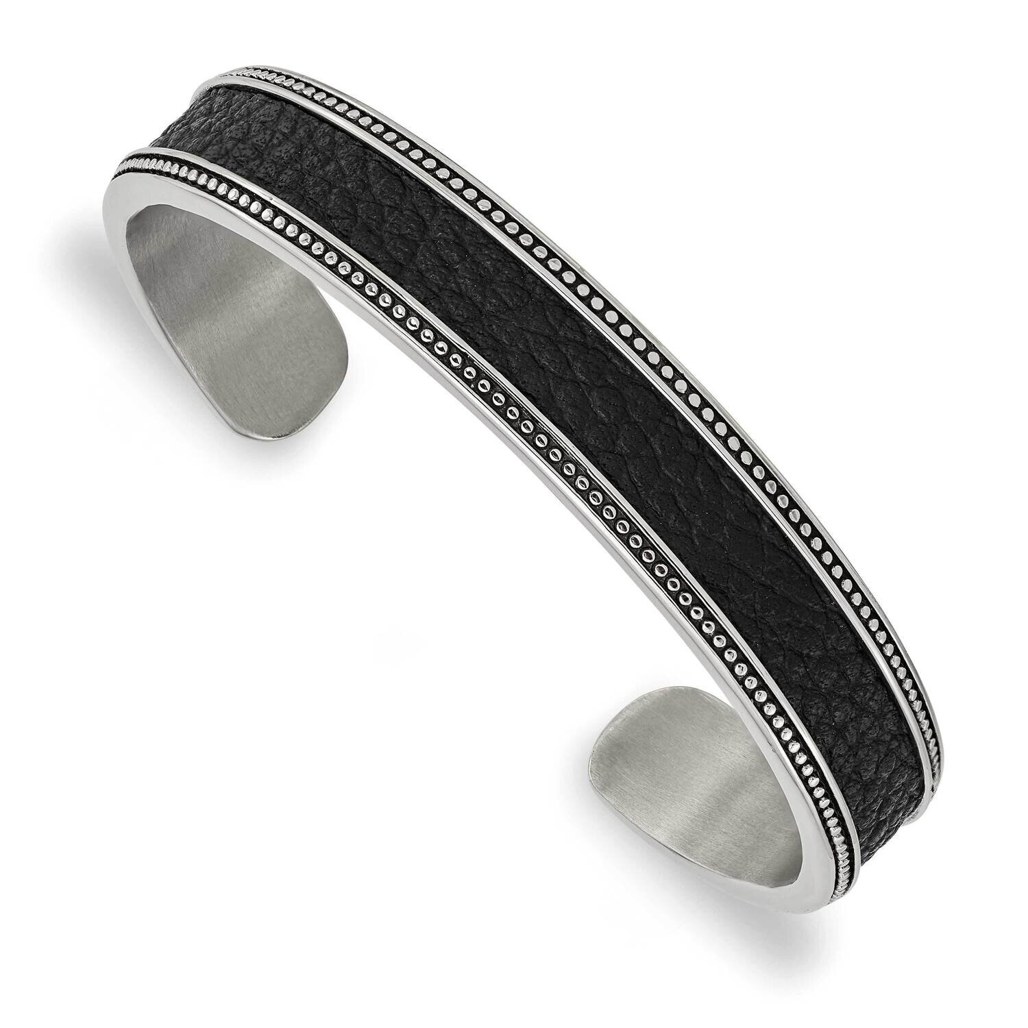 Polished with Textured Leather Inlay 12mm Bangle Stainless Steel Antiqued SRB2933, MPN: SRB2933, 19…