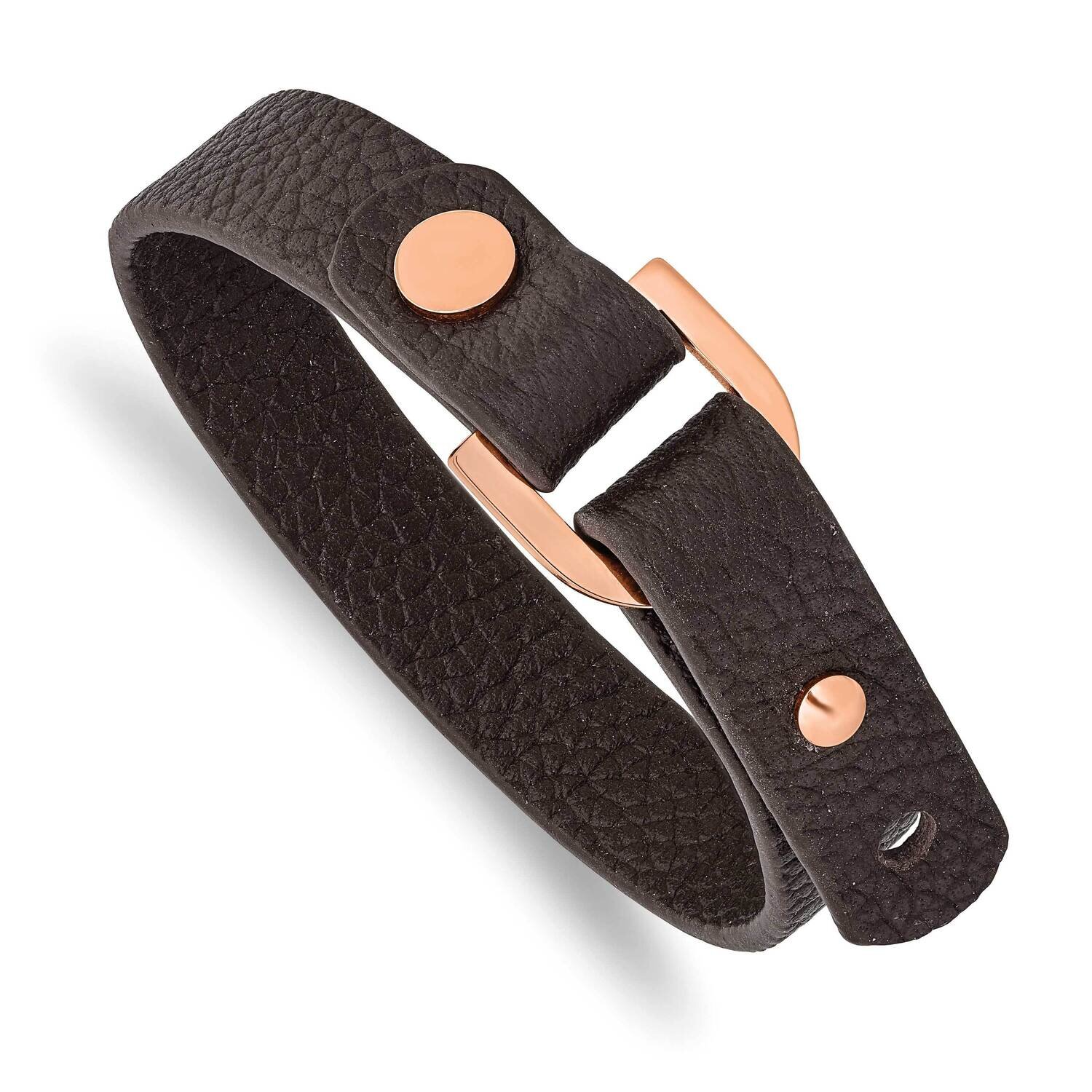 Rose Ip Brown Leather Adjustable 8.5In-9 Inch Bracelet Stainless Steel Polished SRB2943, MPN: SRB29…