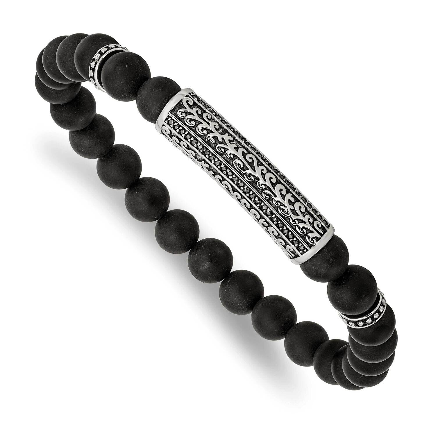 Polished with Black Cz Agate Stretch Bracelet Stainless Steel Antiqued SRB2946, MPN: SRB2946, 19110…