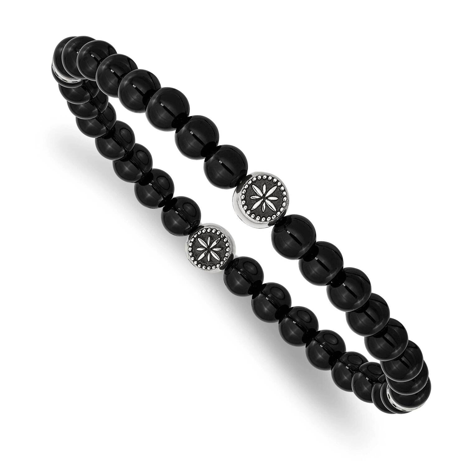 Polished Black Agate Beaded Stretch Bracelet Stainless Steel Antiqued SRB2949