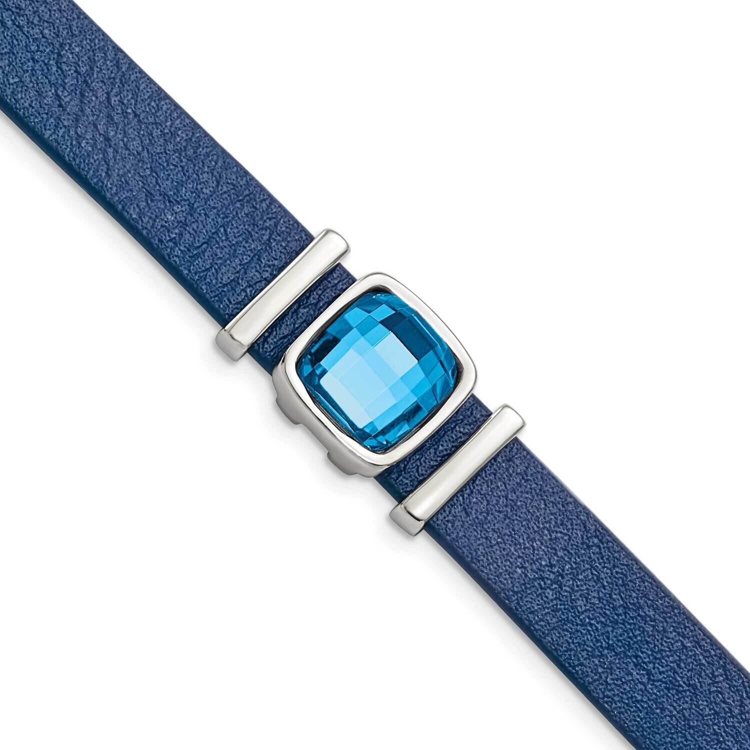 Blue Leather with Crystal with 1.25 Inch Extender 7 Inch Bracelet Stainless Steel Polished SRB2955-…