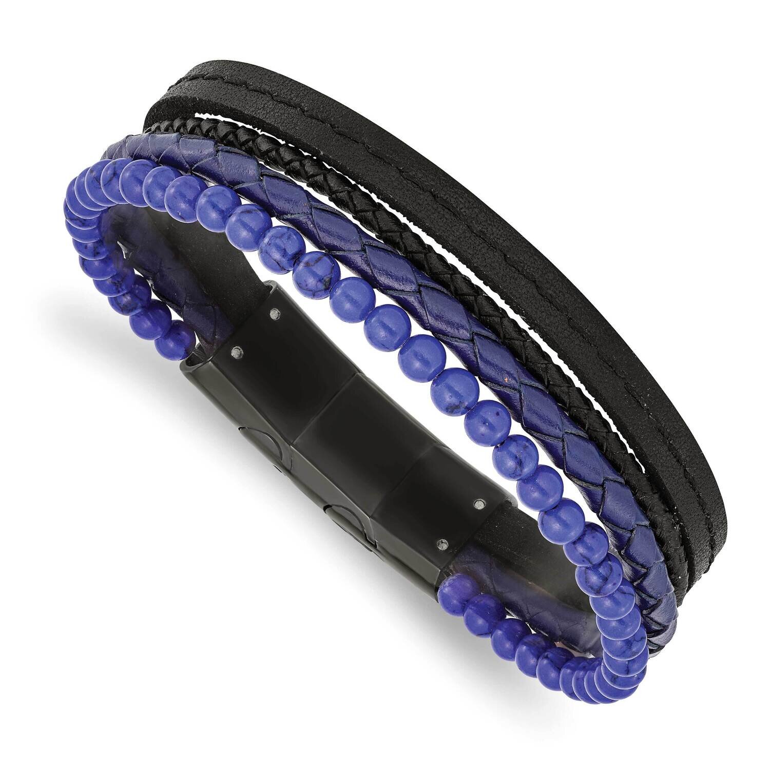 Black Ip with Lapis Leather with .5 Inch Extender Bracelet Stainless Steel Polished SRB2967-8, MPN:…