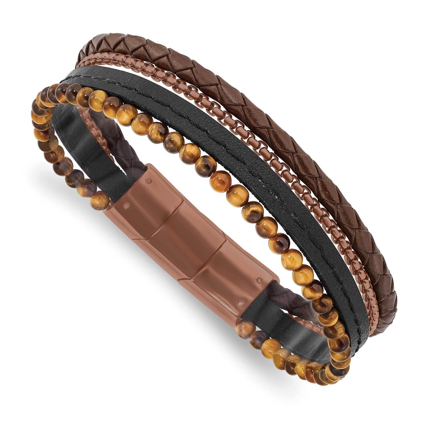 Brown Ip with Tiger&#39;s Eye Leather with .5 Inch Extender Bracelet Stainless Steel Polished SRB2968-8…