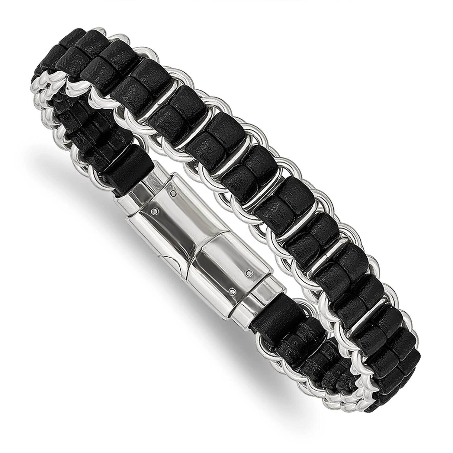 Black Leather 8.5 Inch Bracelet Stainless Steel Polished SRB2969-8.5