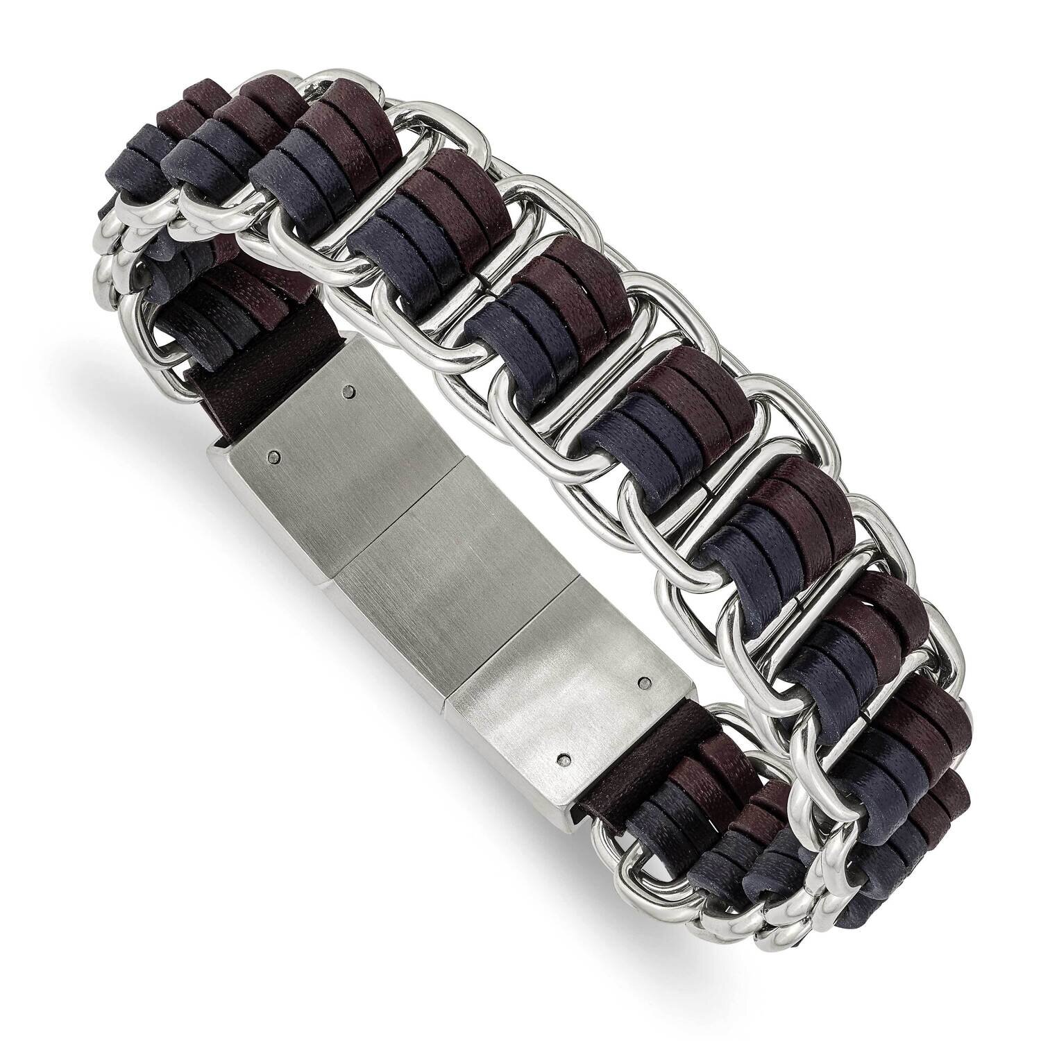 Blue and Brown Leather .5 Inch Extender 8 Inch Bracelet Stainless Steel Polished SRB2970-8