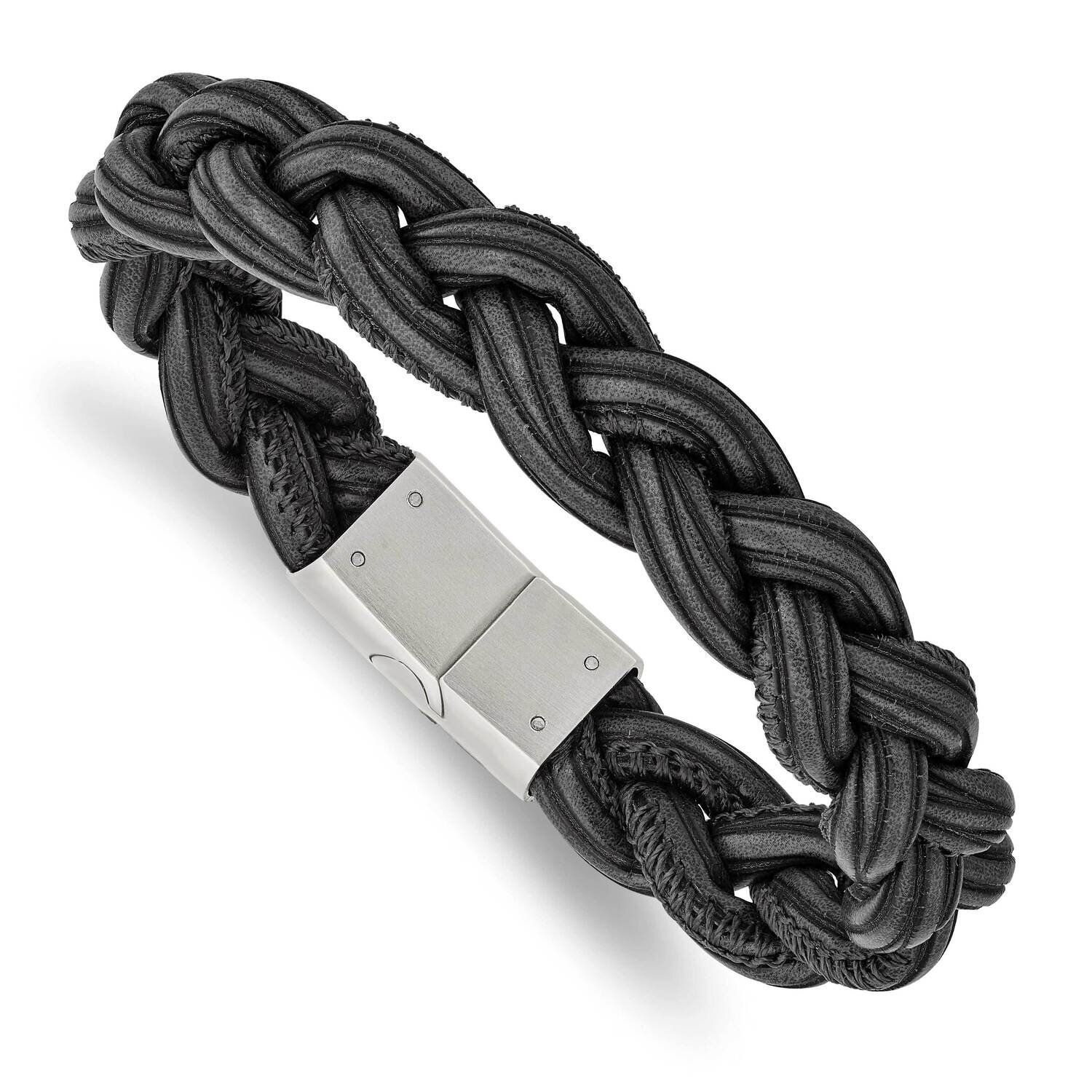 Black Braided Faux Leather 8.25 Inch Bracelet Stainless Steel Brushed SRB2975-8.25