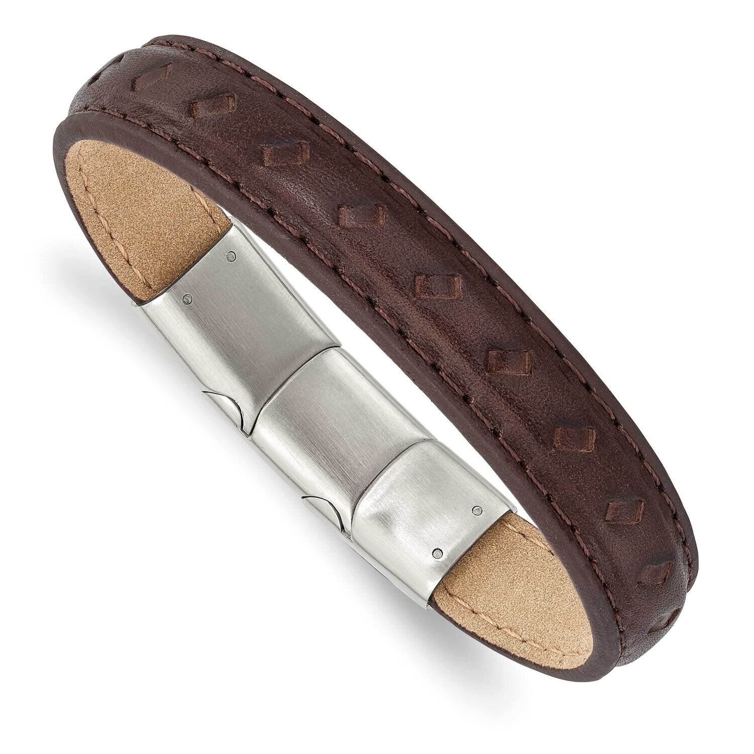 Brown Leather with .5 Inch Extender 7.75 Inch Bracelet Stainless Steel Polished SRB2978-7.75