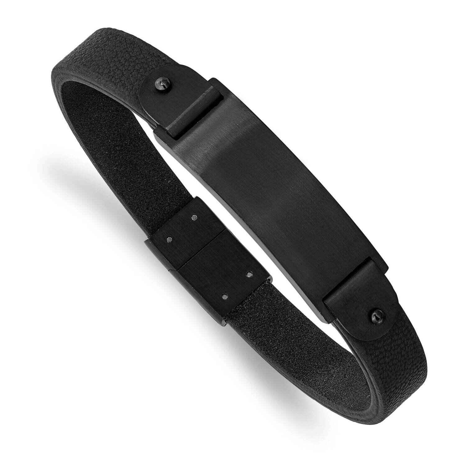 Black Ip-Plated Black Leather 8.5 Inch Id Bracelet Stainless Steel Brushed SRB2981-8.5