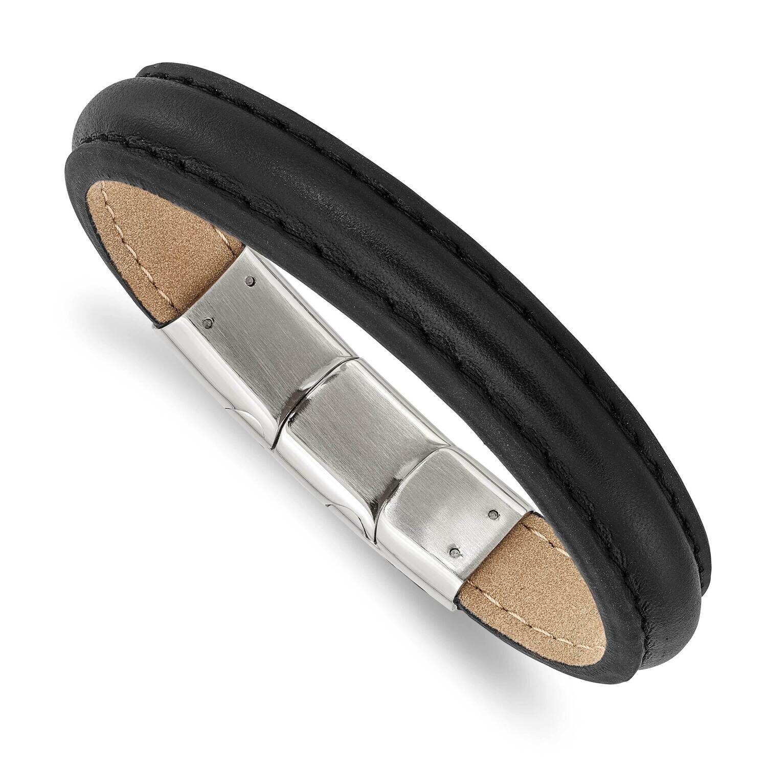 Black Leather with .5 Inch Extender 7.75 Inch Bracelet Stainless Steel Polished SRB2983-7.75, MPN: …