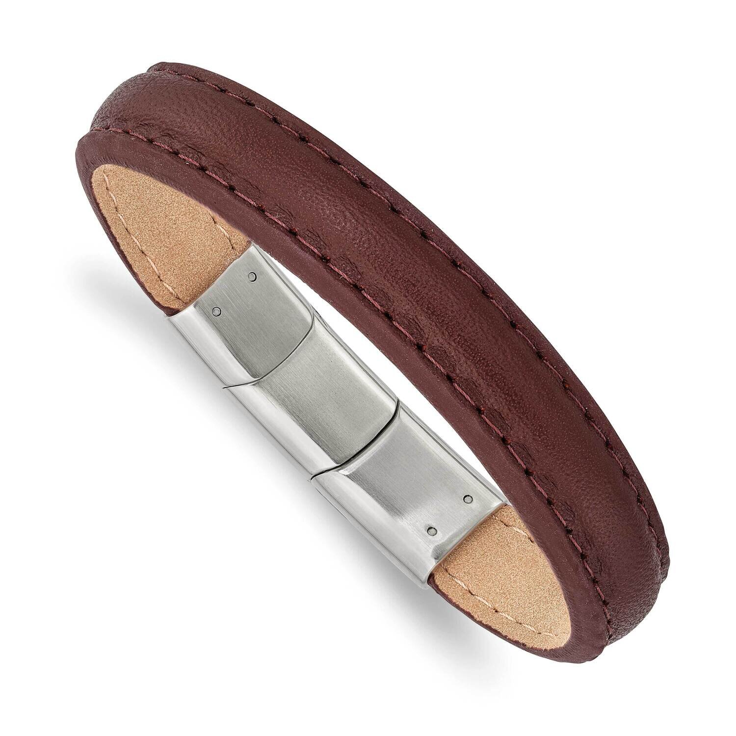 Brown Leather with .5 Inch Extender 7.75 Inch Bracelet Stainless Steel Polished SRB2985-7.75