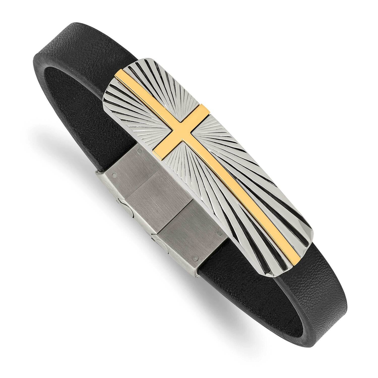 Yellow Ip Cross Black Leather with .5 Inch Extender Bracelet Stainless Steel Polished SRB2988-8