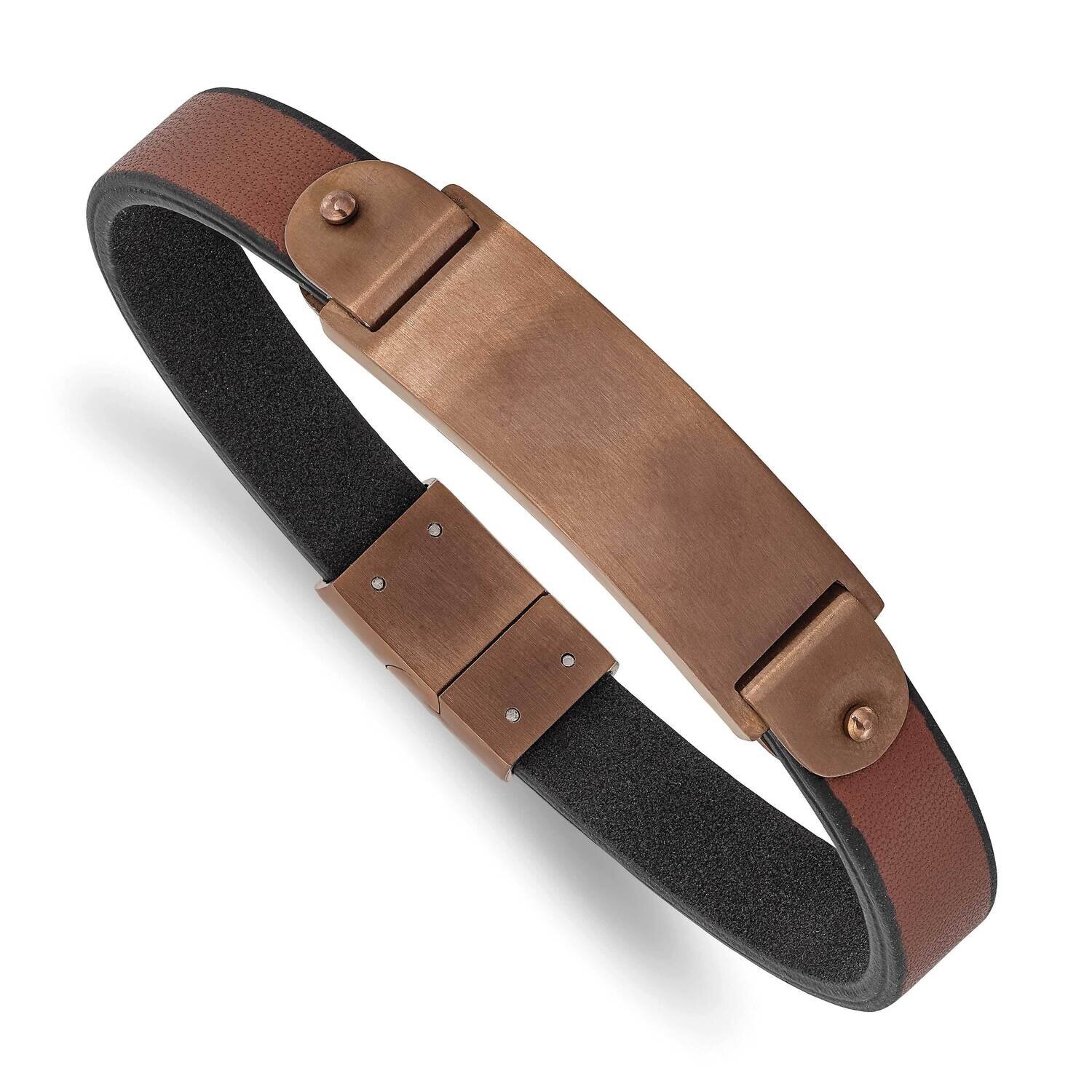 Brown Ip-Plated Brown Leather 8.5 Inch Id Bracelet Stainless Steel Brushed SRB2989-8.5