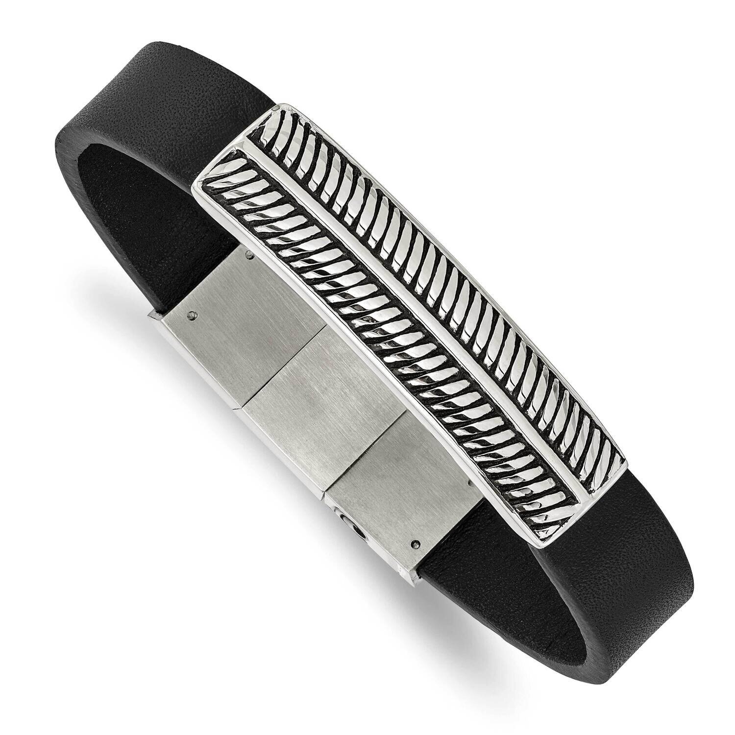 Polished Black Leather with .5 Inch Extender 8 Inch Bracelet Stainless Steel Antiqued SRB2991-8