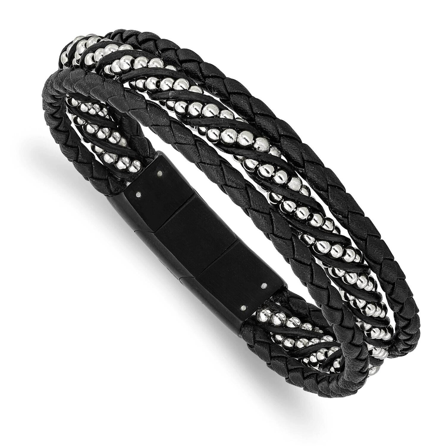 Polished Black Ip Leather with .5 Inch Extender 8 Inch Bracelet Stainless Steel Brushed SRB2993-8, …