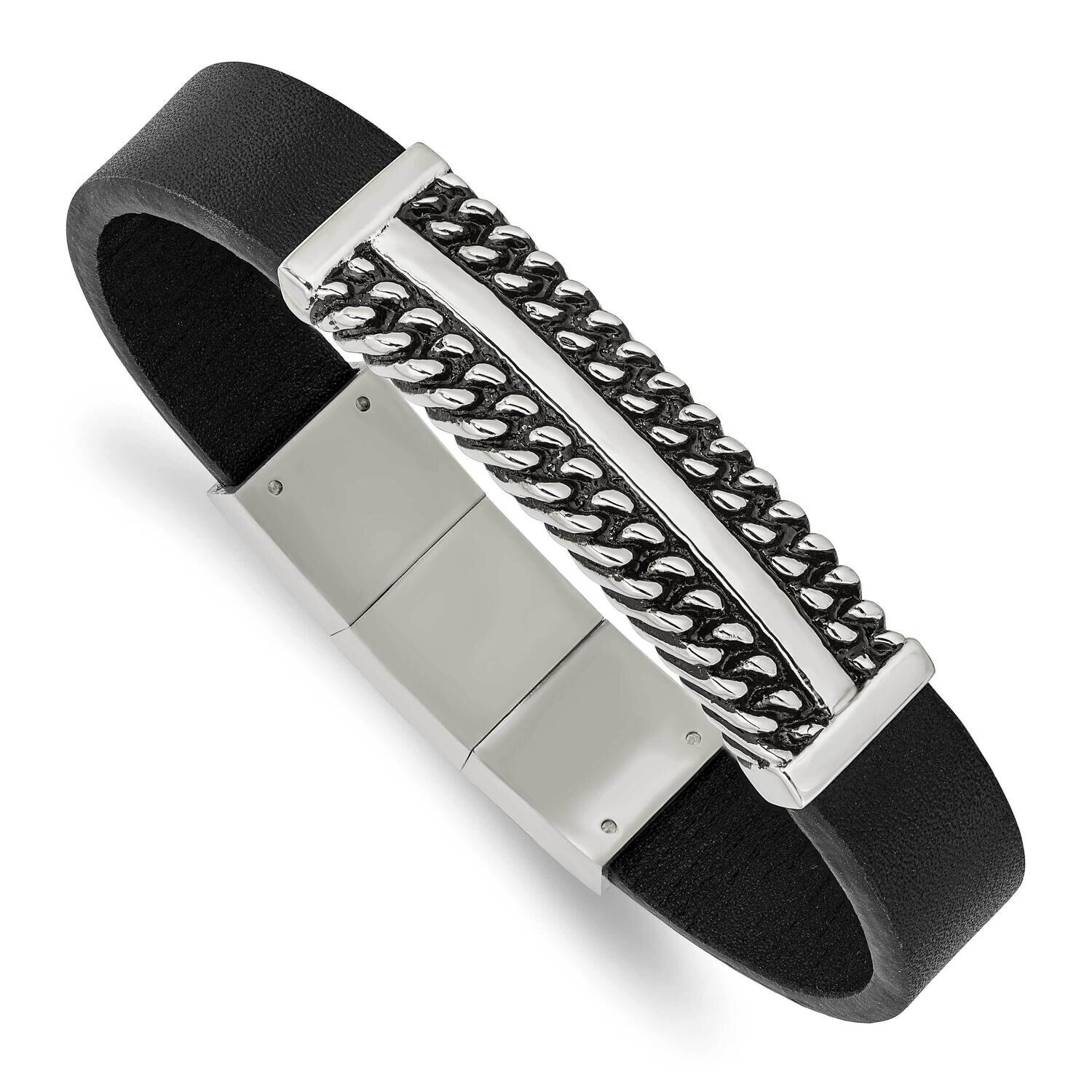 Polished Black Leather with .5 Inch Extender 8 Inch Bracelet Stainless Steel Antiqued SRB2998-8