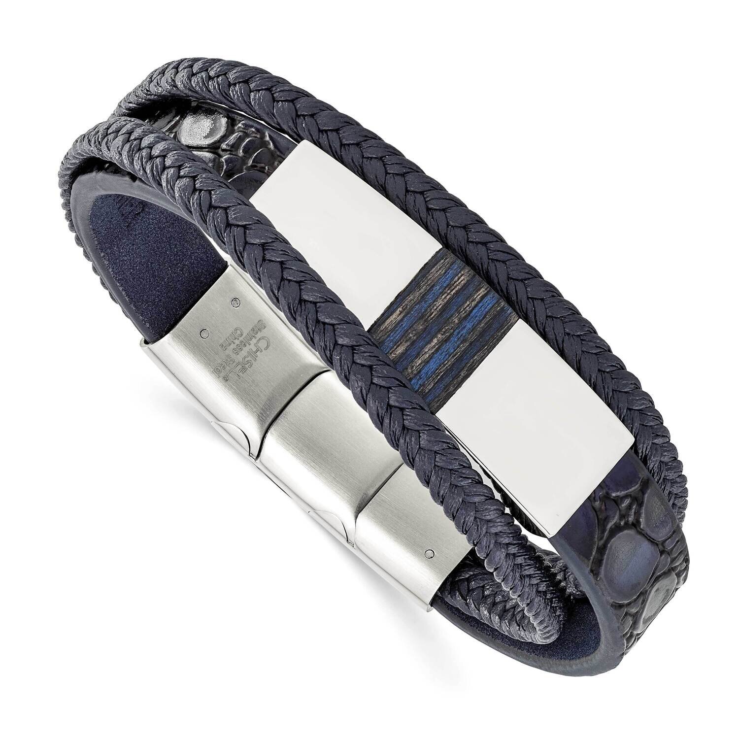 Blue Wood Blue Leather with .5 Inch Extender 8 Inch Bracelet Stainless Steel Polished SRB3001-8, MP…