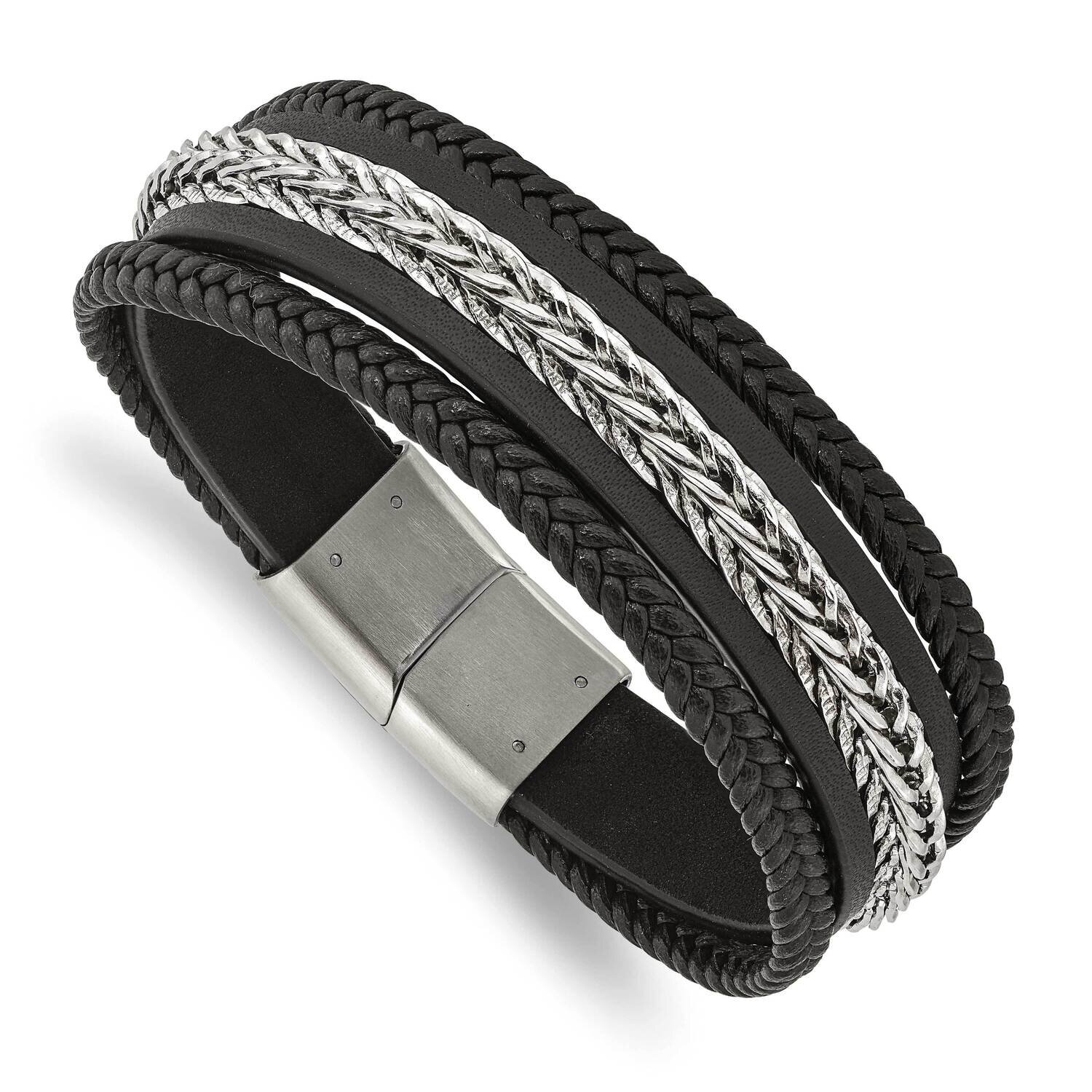 Multi Strand Black Leather 8.5 Inch Bracelet Stainless Steel Polished SRB3002-8.5, MPN: SRB3002-8.5…