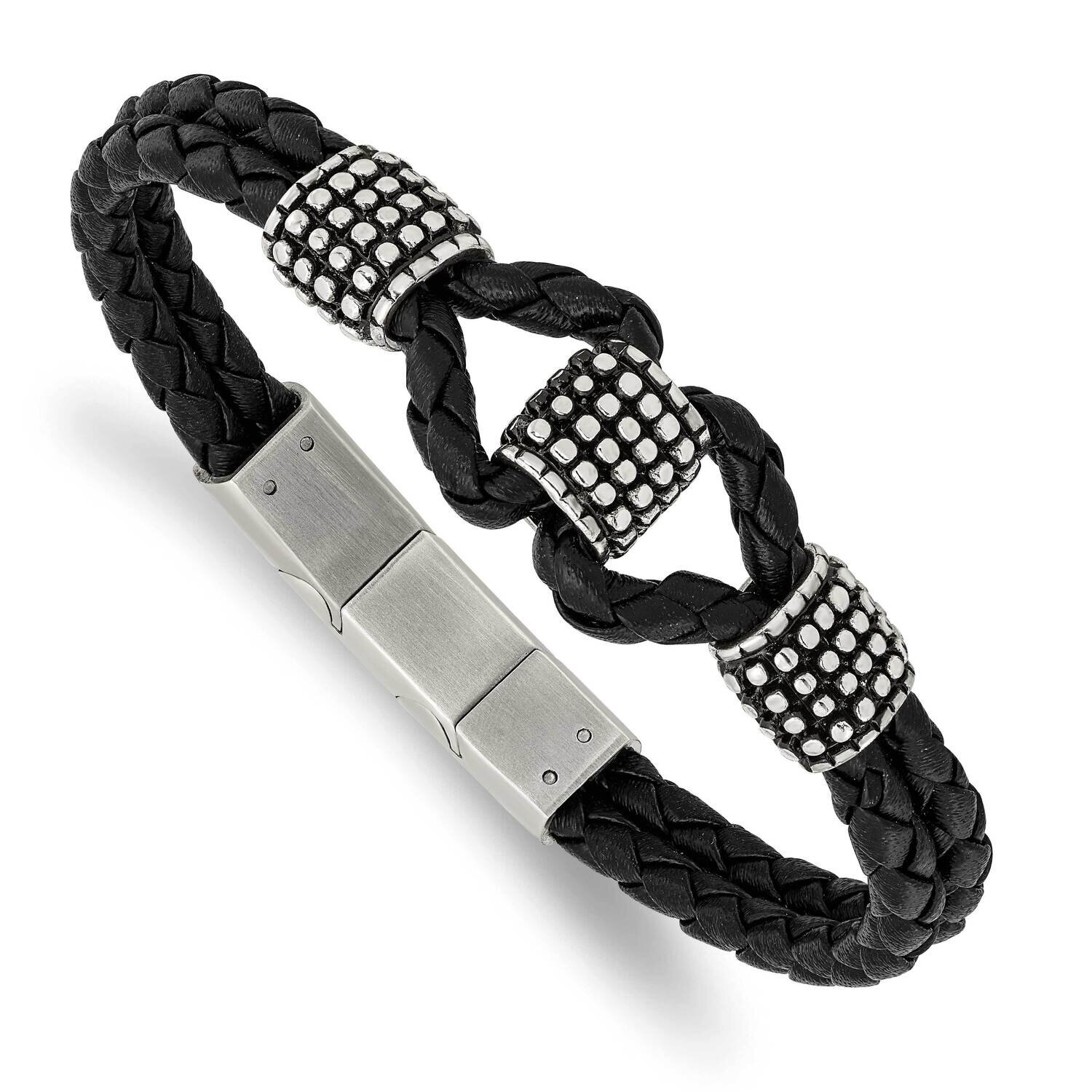 Polished Black Leather with .5 Inch Extender 8 Inch Bracelet Stainless Steel Antiqued SRB3004-8