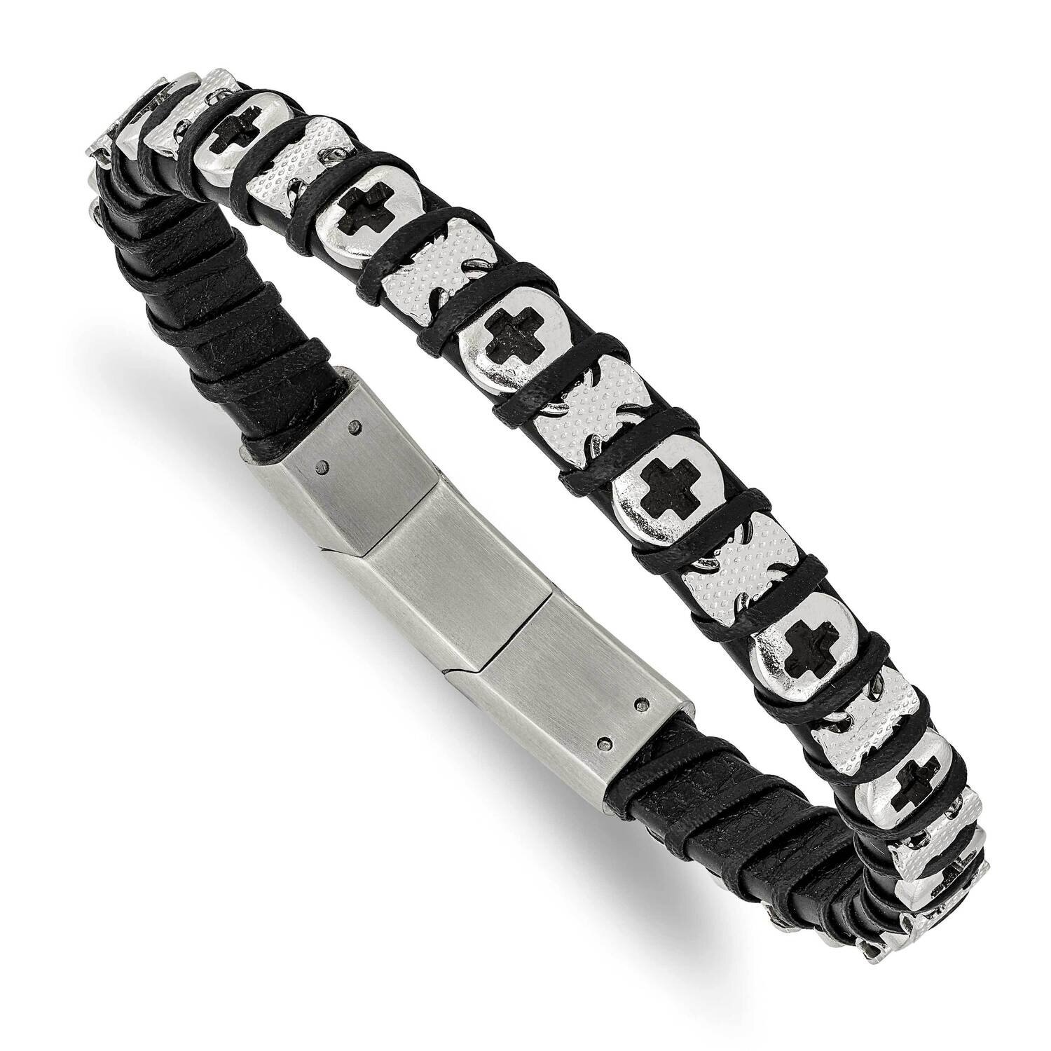 Cross Black Leather with .5 Inch Extender 8 Inch Bracelet Stainless Steel Polished SRB3005-8, MPN: …