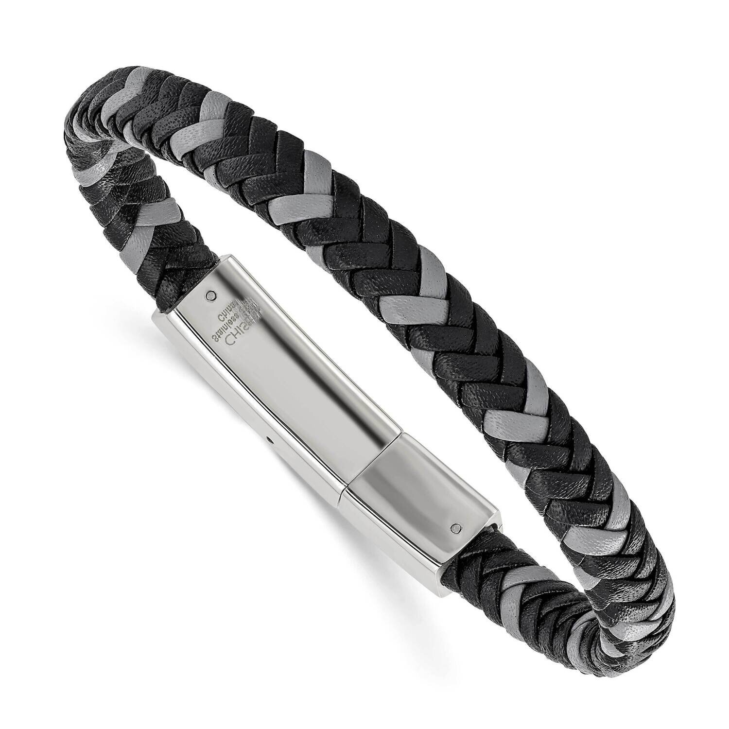 Black and Grey Braided Leather 8 Inch Bracelet Stainless Steel Polished SRB3007-8