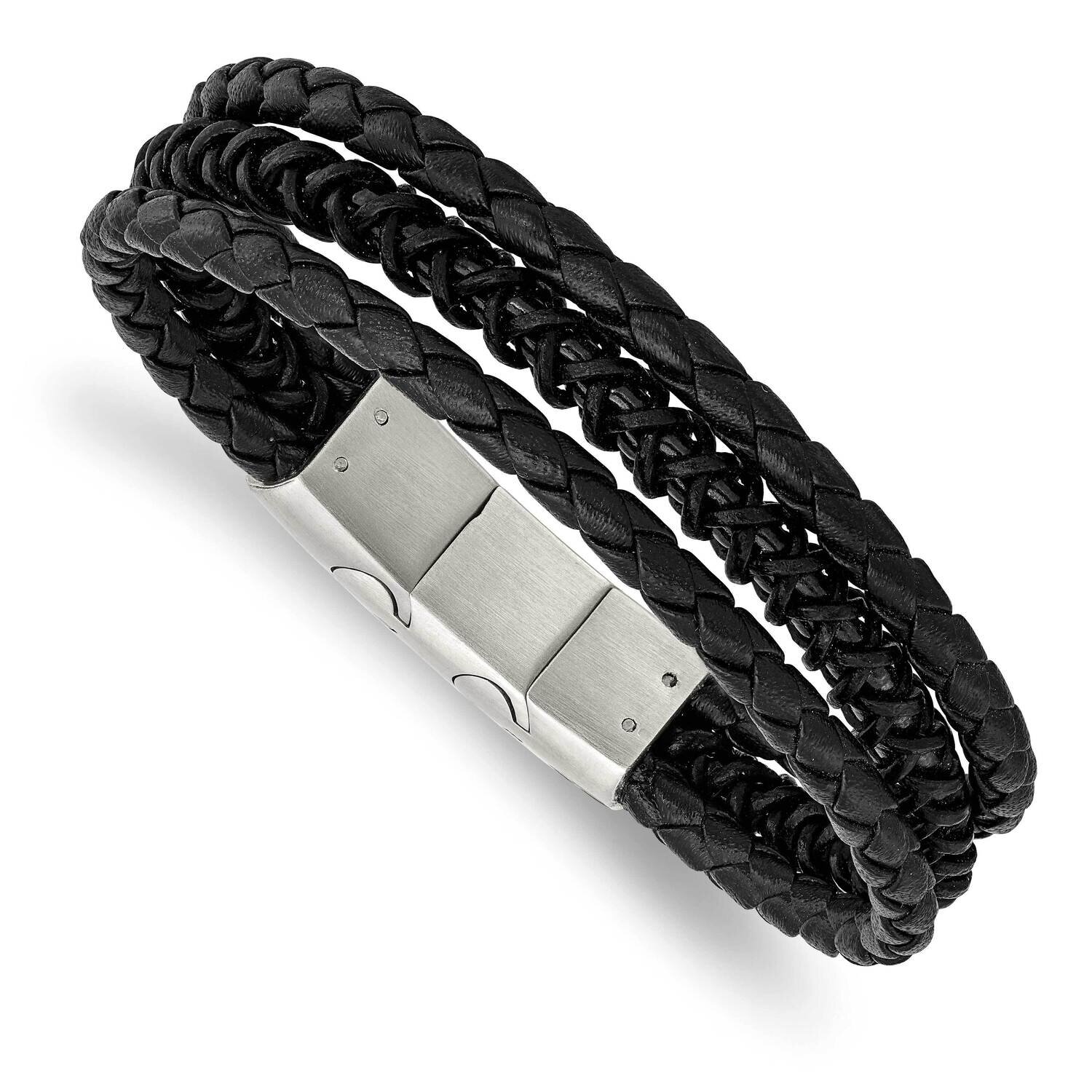 Polished Black Ip Leather with .5 Inch Extender Bracelet Stainless Steel Brushed SRB3010-8