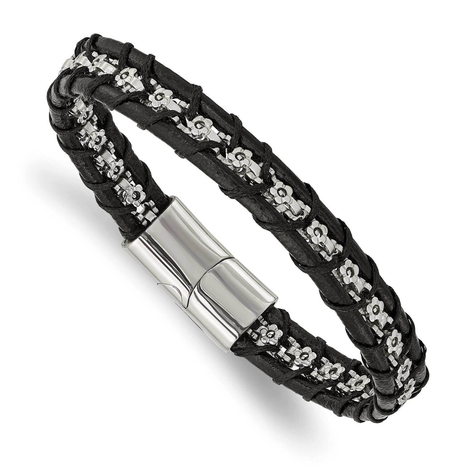 Flower Link Black Leather 8.25 Inch Bracelet Stainless Steel Polished SRB3011-8.25, MPN: SRB3011-8.…