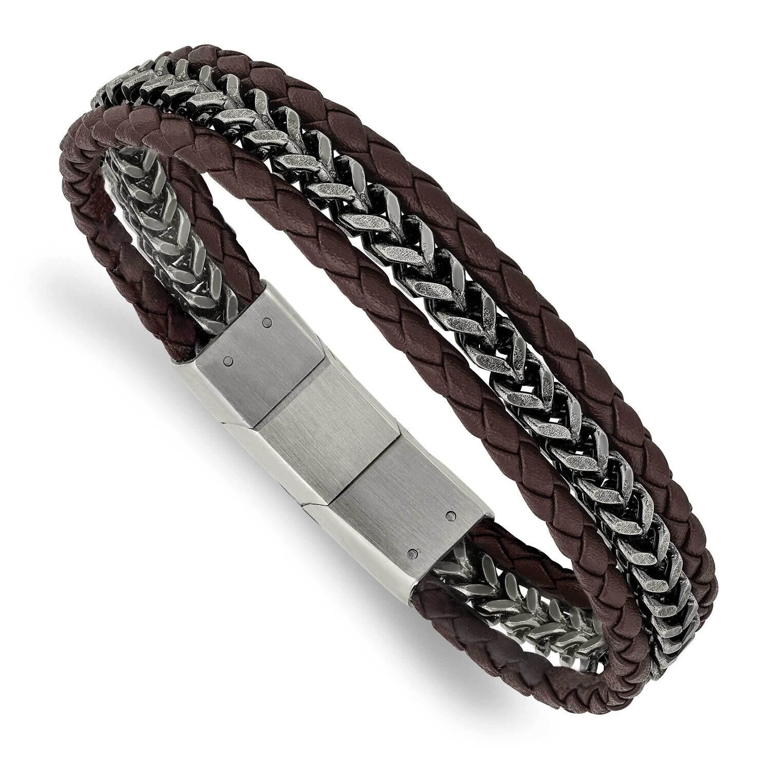 Brushed Brown Leather with .5 Inch Extender Bracelet Stainless Steel Antiqued SRB3013-8.25
