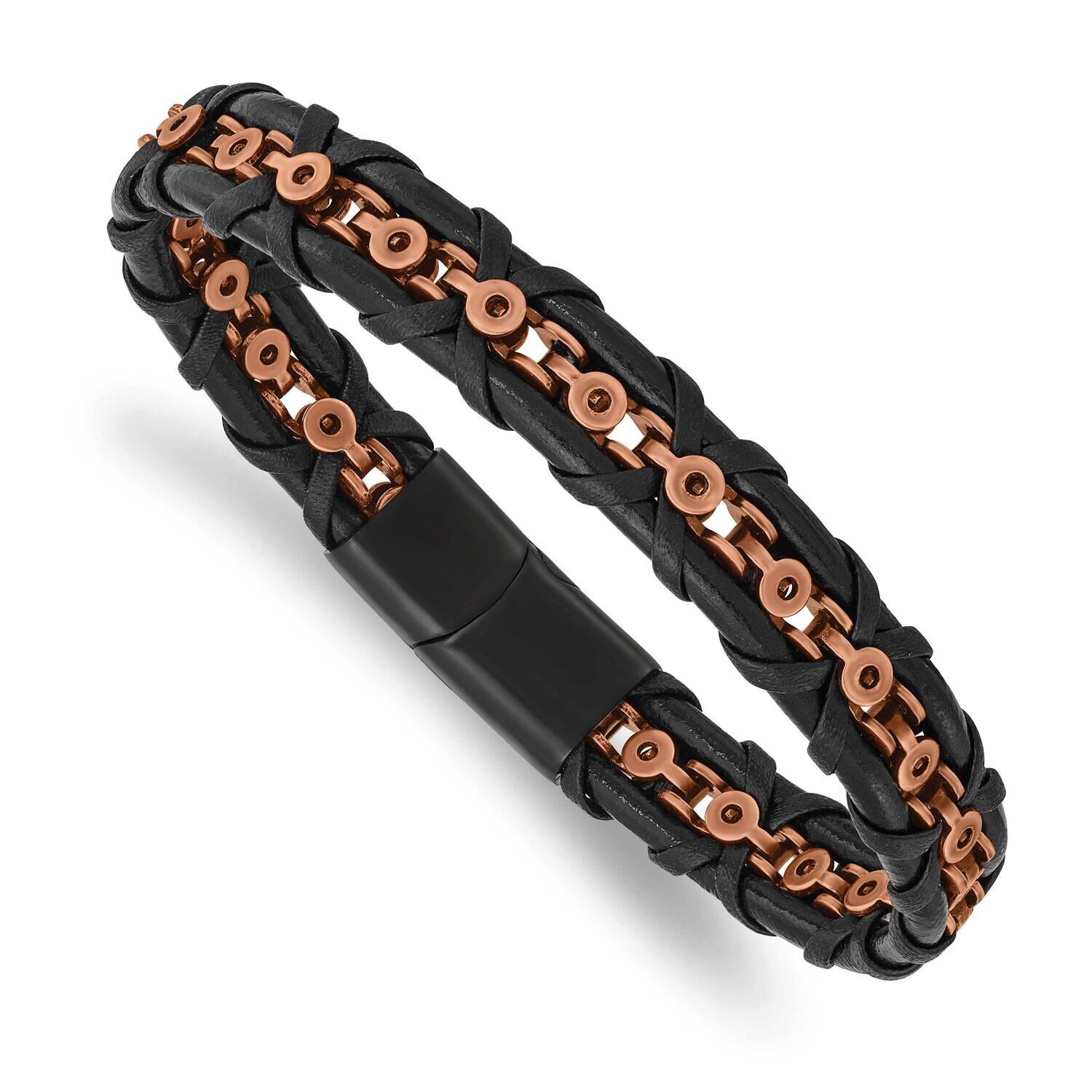 Polished Rose Ip-Plated Leather 8.5 Inch Bracelet Stainless Steel Antiqued SRB3015-8.5, MPN: SRB301…
