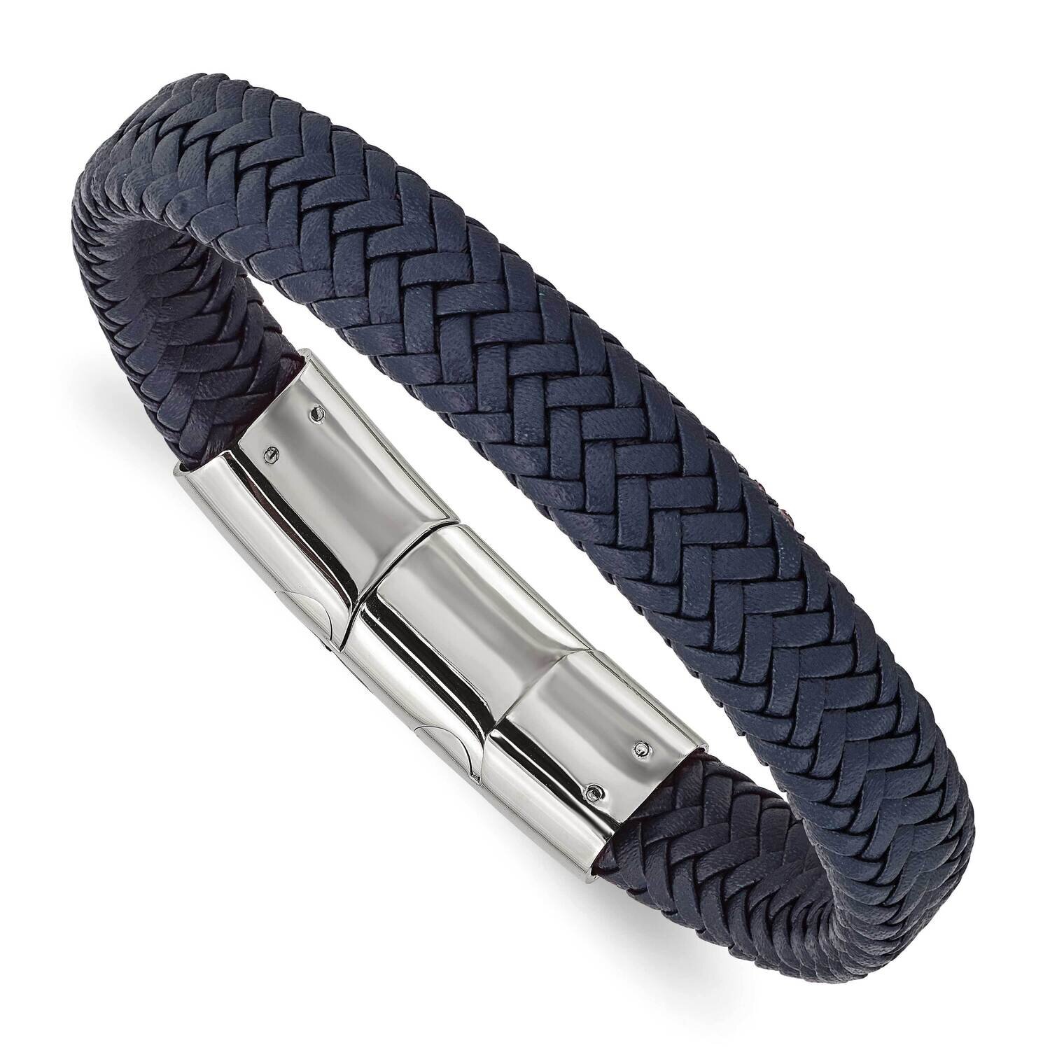 Navy Blue Leather with .5 Inch Extender 7.75 Inch Bracelet Stainless Steel Polished SRB3021-7.75, M…